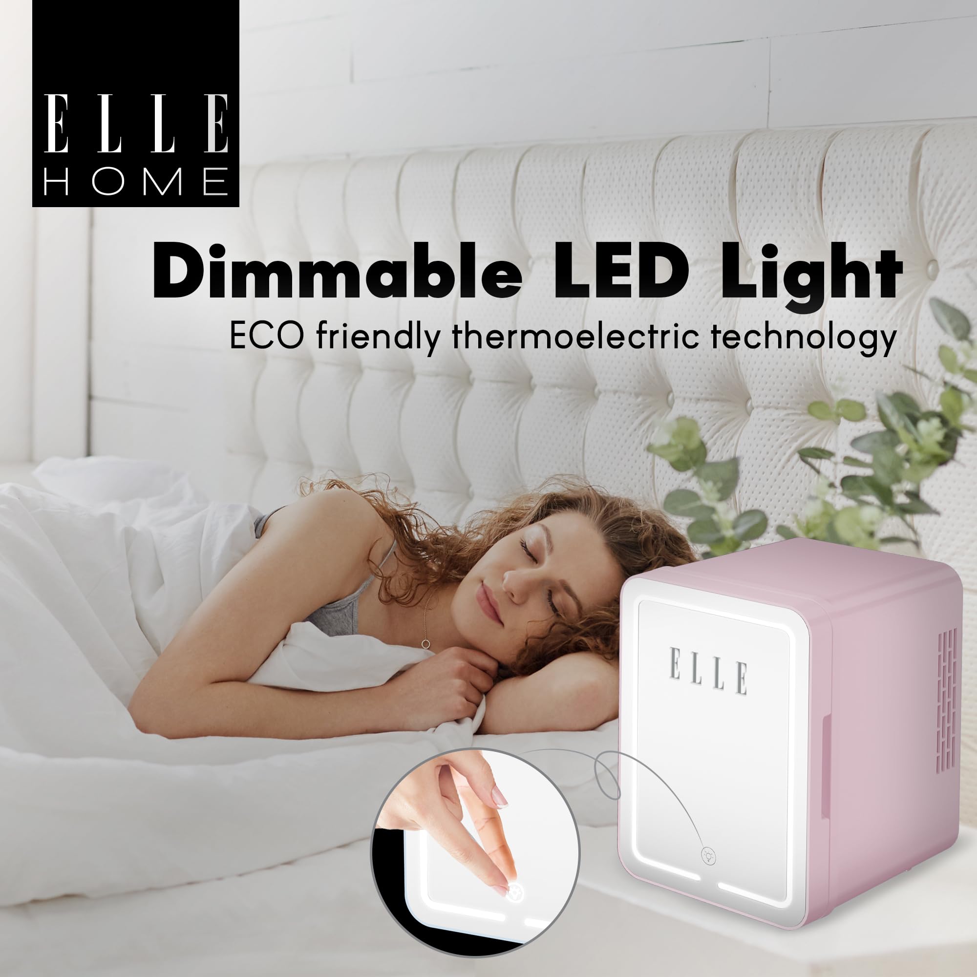 ELLE Mini nevera cosmética 4L con espejo LED – Nevera belleza caliente y fría para Skincare, cuidado y cosmético, iluminación táctil ajustable, estante extraíble y asa de transporte, color morado
