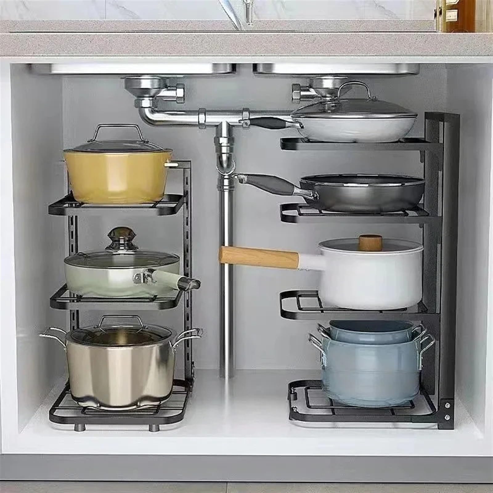 Portapentole Armadietto portapentole regolabile | Set di accessori for la cucina for la conservazione della casa, porta pentole e coperchi for pentole(3 layers)