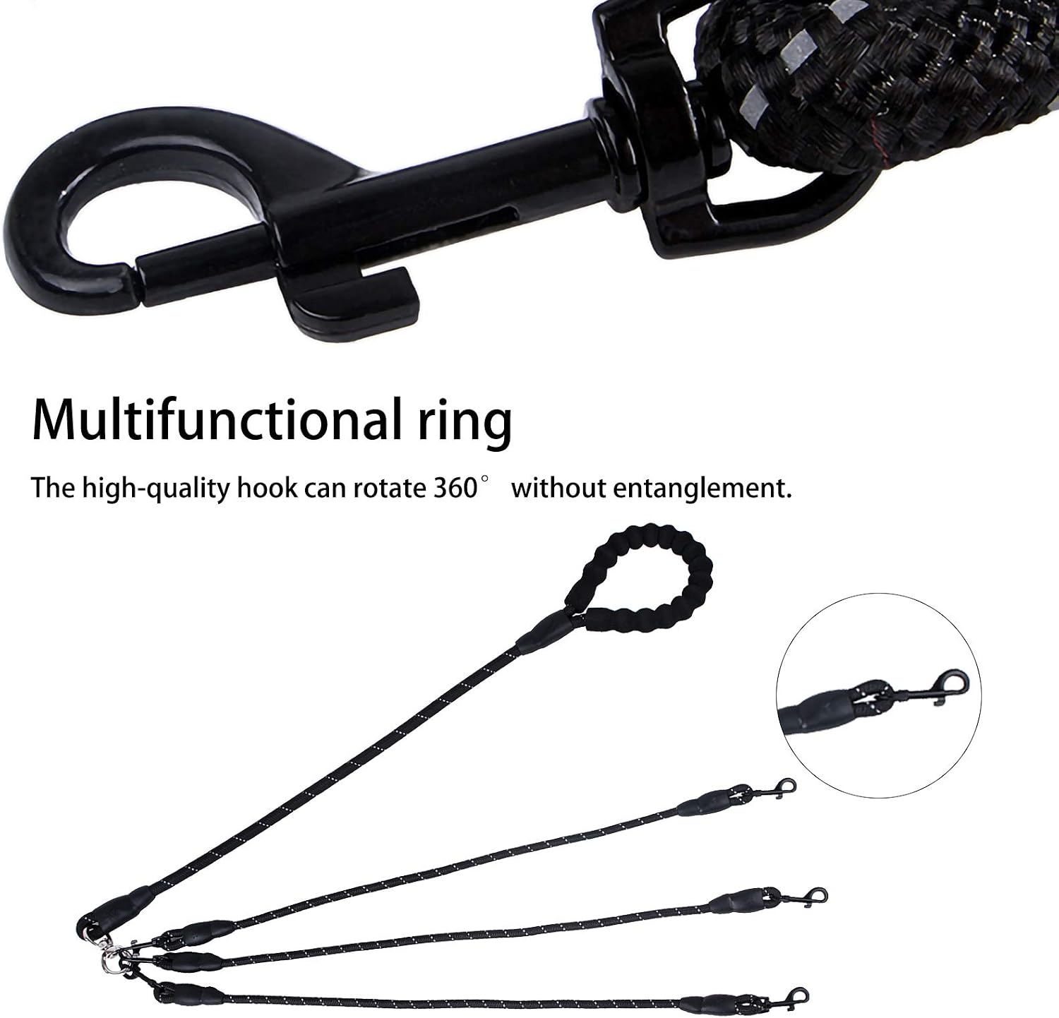 Greeney 3 Way Dog Leash,No Tangle Multiple Dog Rope Leash Nylon Pet Straps for Dog Outdoor Walking (Black)