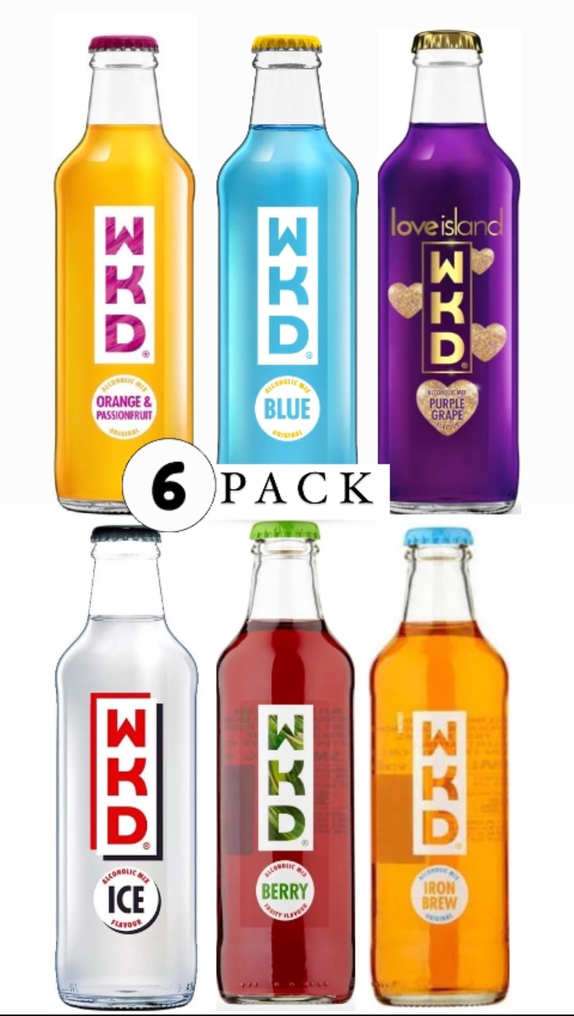 WKD Mixed Pack | Variety Pack | Iron Brew | Berry Blast | Purple Grape | Blue | Ice | Orange & Passionfruit | Original Vodka Mix | 275ml Bottles | 6 Pack | Wicked | Alcopops |