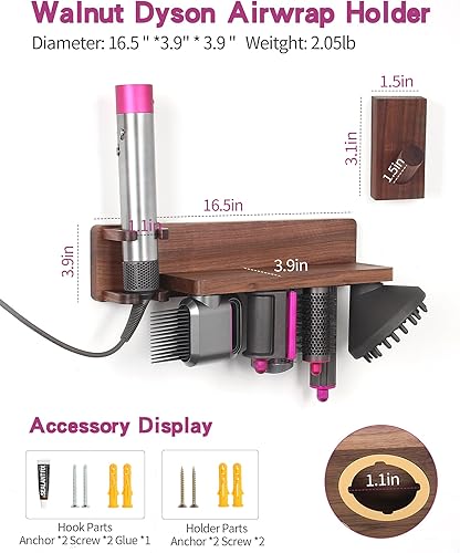 Miniatura 4 de Affogato Soporte de almacenamiento de nogal compatible con Dyson Airwrap Soporte de pared con estante organizador compatible con accesorios Dyson