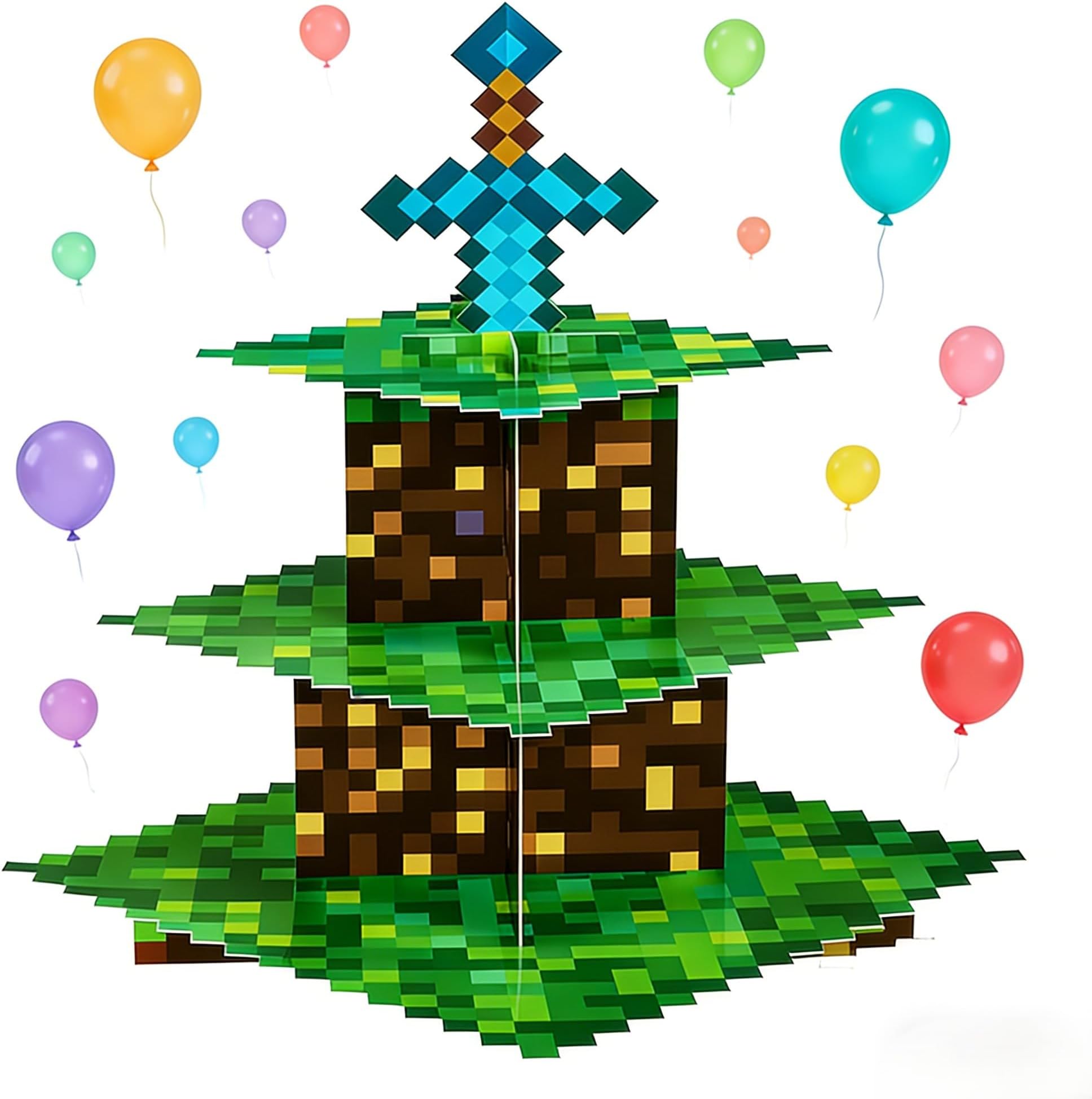 3-Tier Pixel Art Cupcake Stand - Easy Assemble Cardboard Dessert Tower with Retro Gaming & Anime Topper for Birthday, Baby Shower, Themed Party