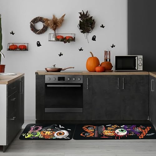 Miniatura 6 de Ceenna Juego de 2 alfombras y tapetes de cocina de Halloween, tapete antideslizante con corredor de Halloween, lindos tapetes de cocina para el