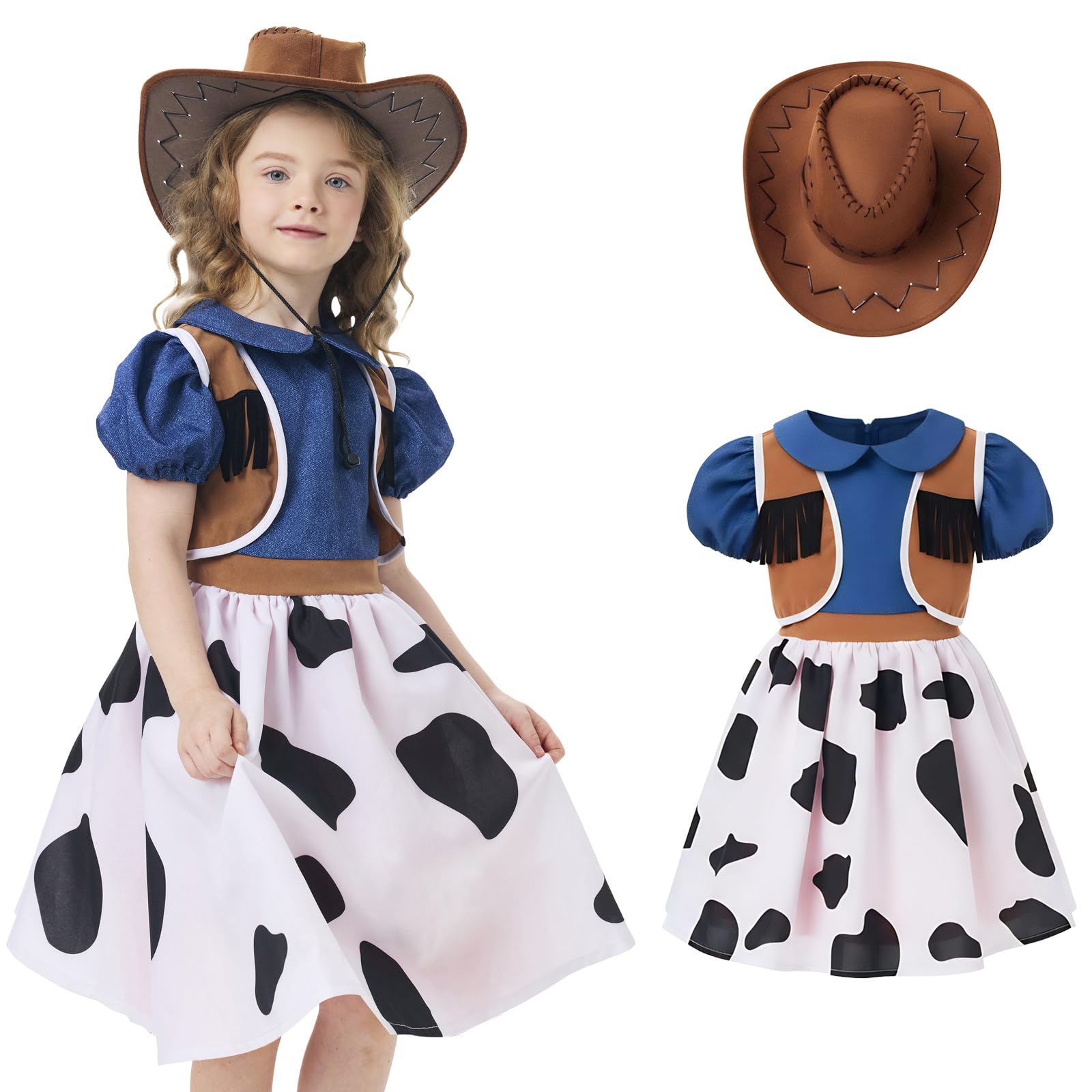 AENEY 2PCS Girls Cowgirl Outfit, Kids Jessie Costume with Wild West Hat Halloween Cosplay Fancy Dress Up (Small, 110cm)