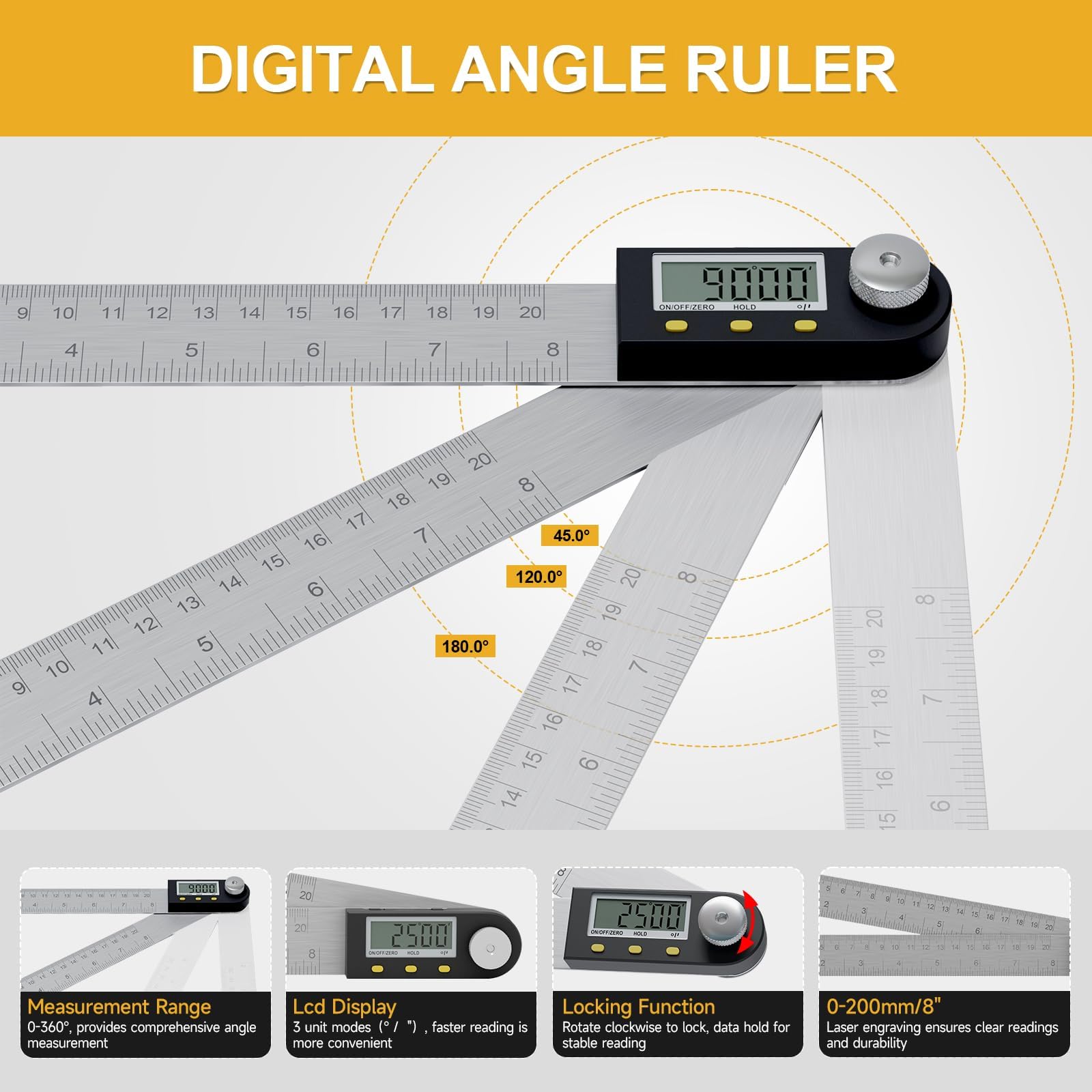 Exqutoo Lot de 3 outils numériques pour le travail du bois - Jauge de profondeur numérique - Inclinomètre magnétique à 4 côtés inclus - Outils de mesure pour le travail du bois, la construction, la