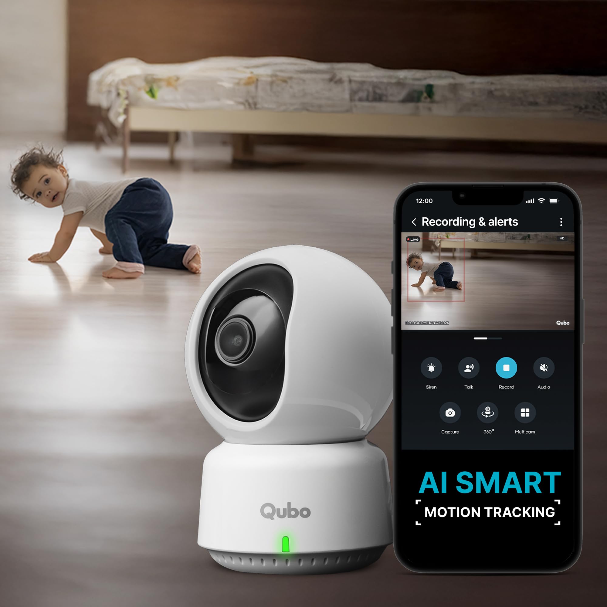 Qubo Smart 360° 3MP [2K] Baby Monitor Camera | Wi-Fi Indoor CCTV for Baby Room | AI Person Detection & App Alerts | Automatic Alarm | NightPulse Vision | 2-way Talk | SD & Cloud Storage |Made in India