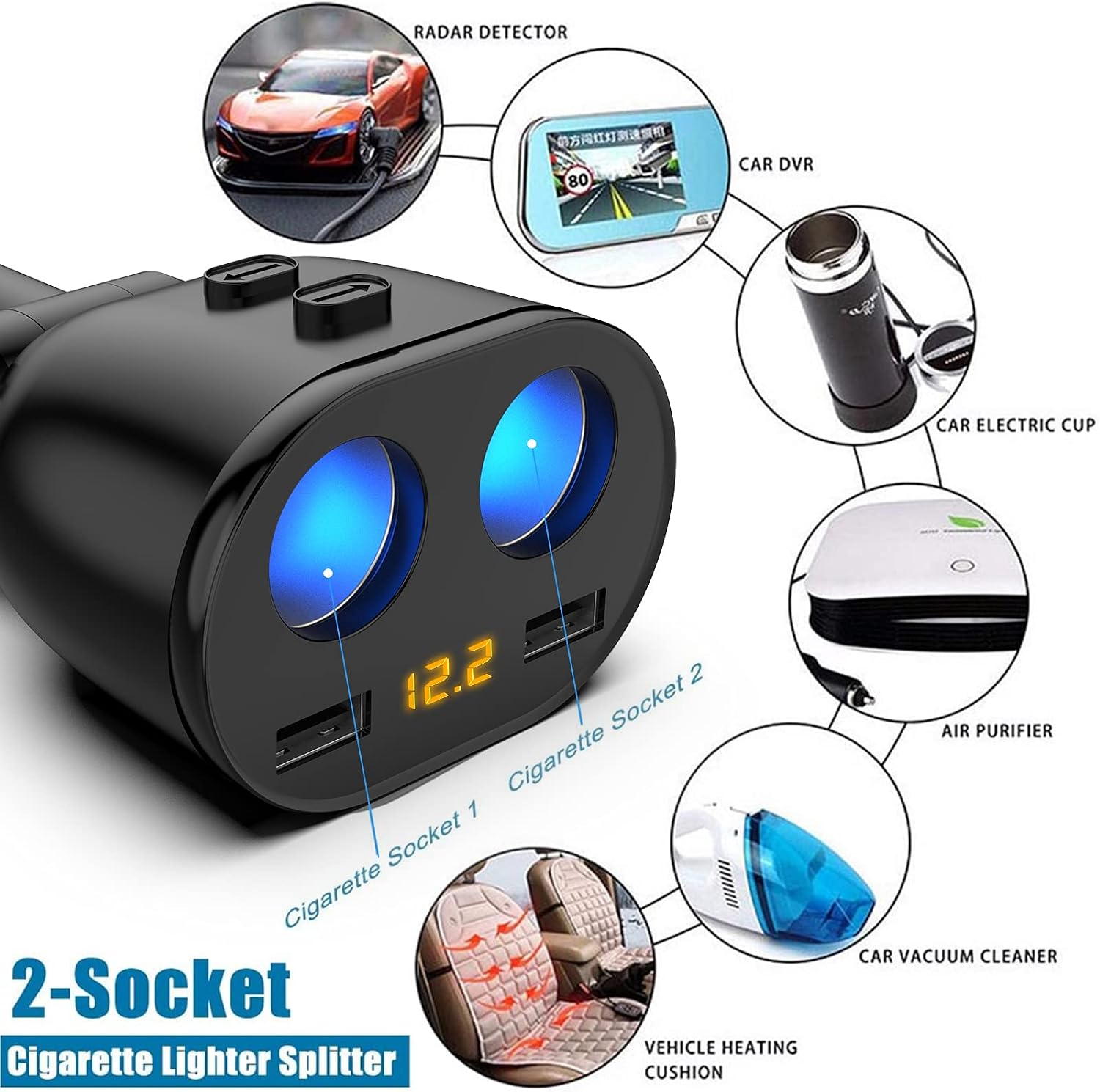 USB Car Charger, 2 Sockets Cigarette Lighter Splitter 12V/24V 80W Dual USB Charging Ports, Separate Switch LED Voltage Display Built-in Replaceable 10A Fuse Compatible Mobile Cell Phone GPS Dash Cam