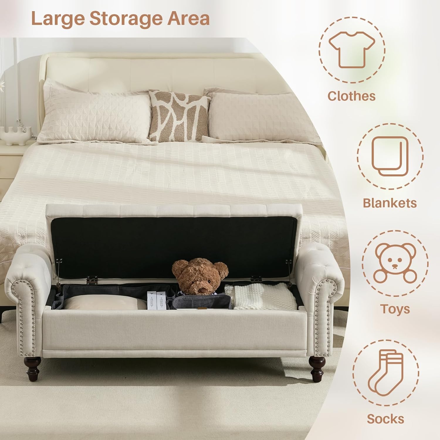 58'' Upholstered Storage Bench for Bedroom, Linen End of Bed Storage Ottoman Benches Large, Button Tufted Ottomans with Storage for Living Room/Entry Way/Closet, Beige