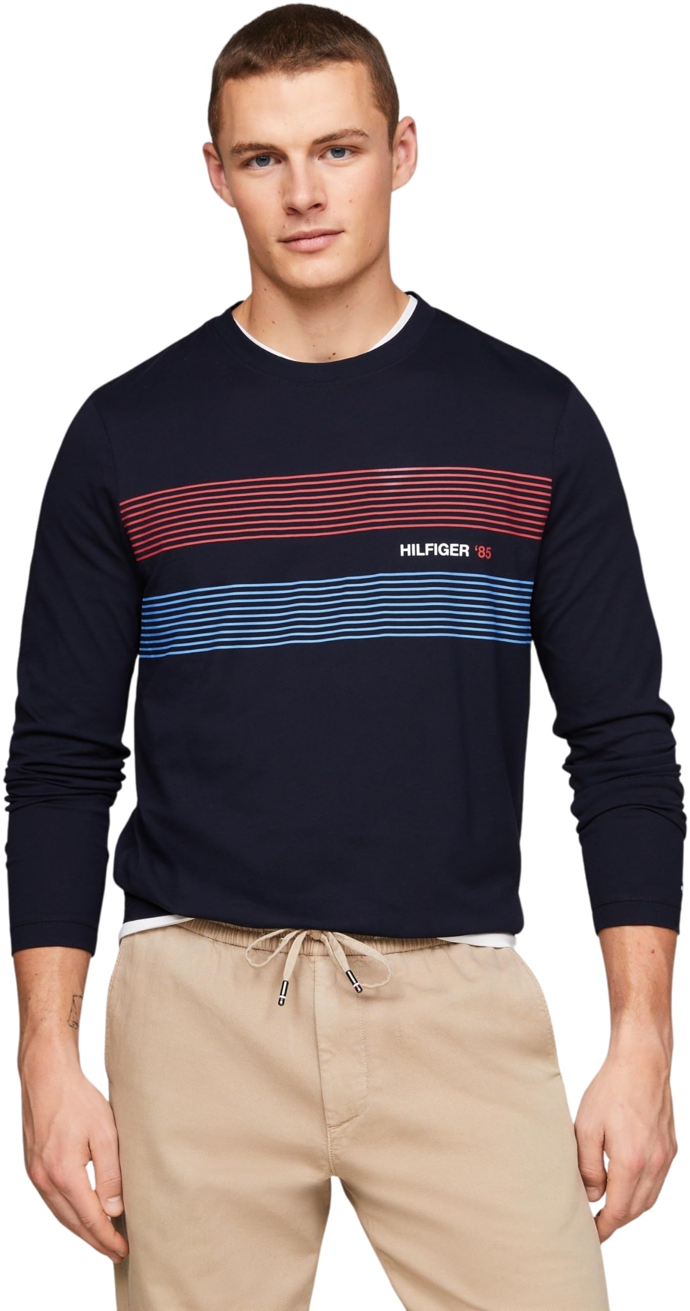 Tommy Hilfiger Camiseta de Manga Larga para Hombre Chest Hilfiger 85 Ls Tee de Algodón