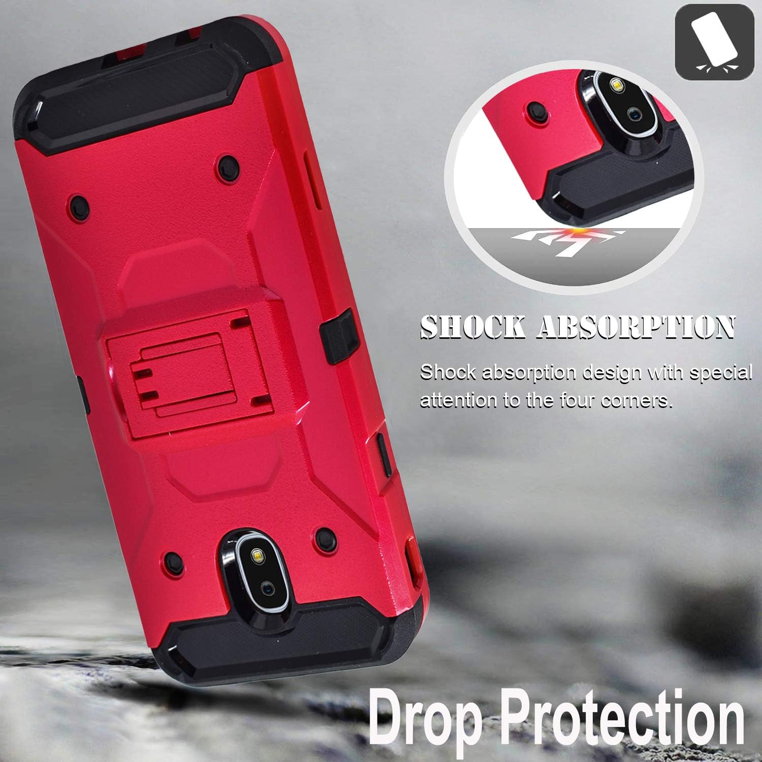 Starshop Galaxy J3 Orbit Case, J3 Star, Express Prime 3, J3 Achieve, J3 V 2018, Sol 3, Samsung Amp Prime 3, with [Tempered Glass Screen Protector Included] Full Cover Kickstand Cover W/Belt Clip-Red