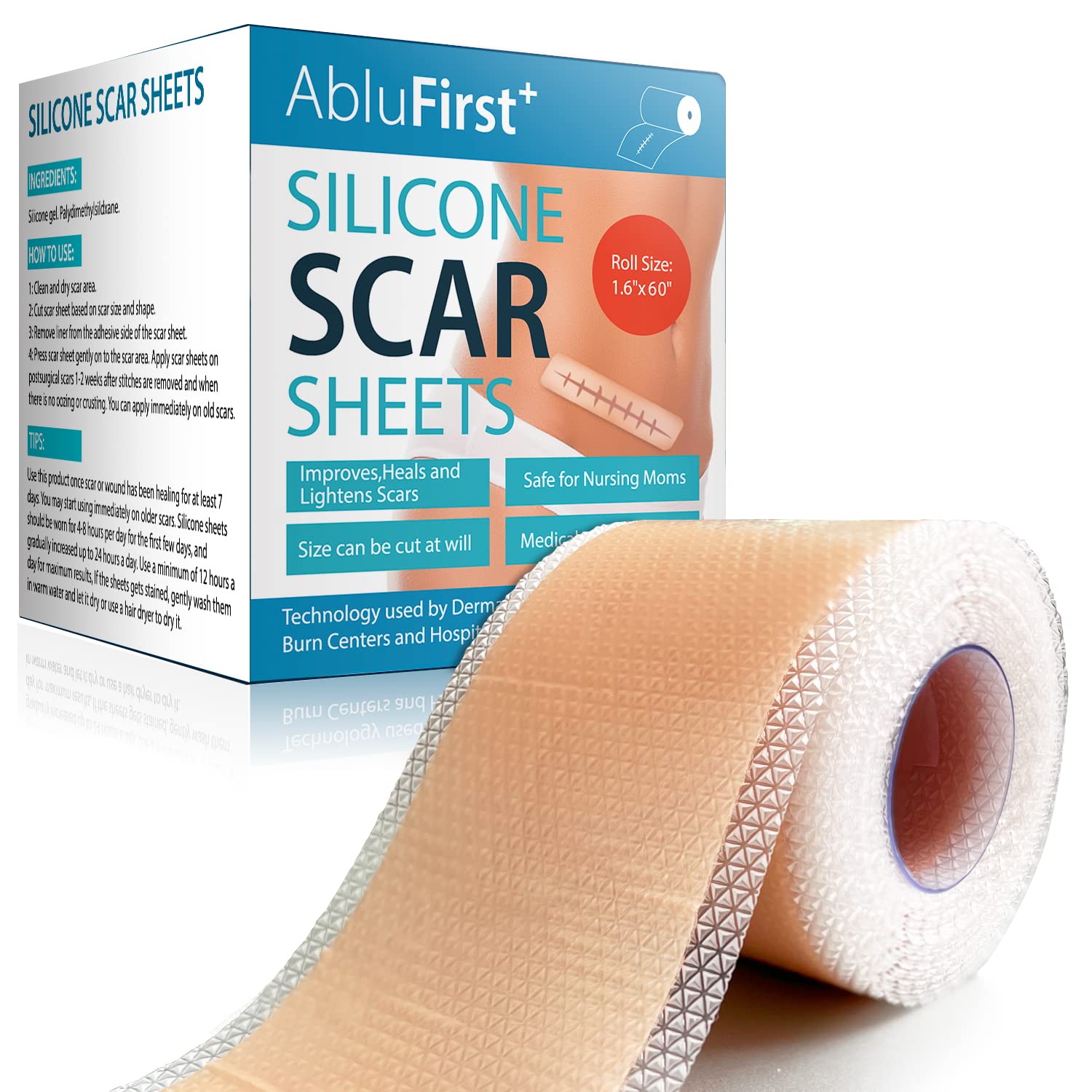 Silicone Scar Tape (1.6" × 60" Roll), Medical Sheets for Keloids, Tummy Tuck, C-Section, Acne, Burn (1.6x60 Inch, 3-5 Month Supply)
