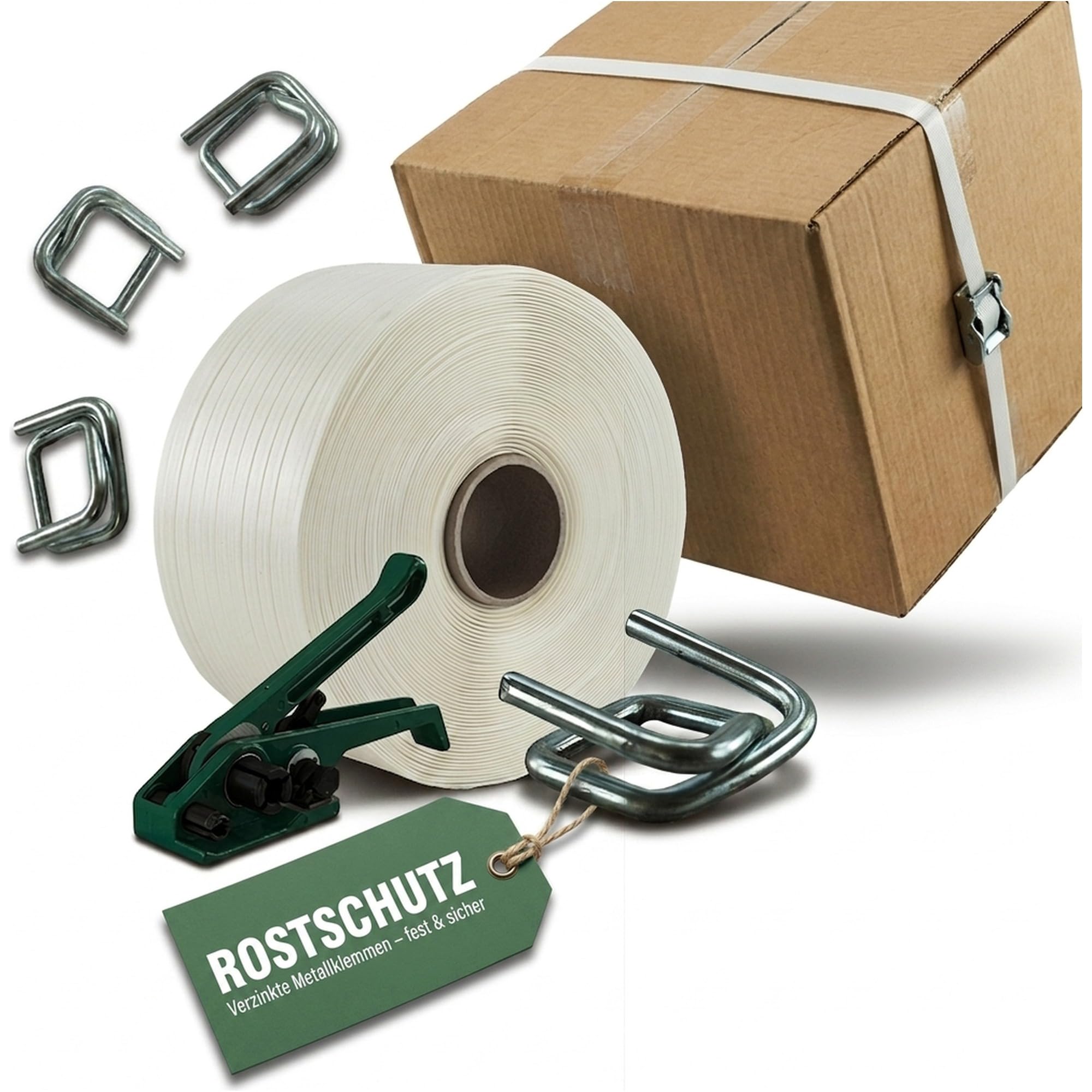 KK Verpackungen Umreifungsset Textil 19 mm | 400 m Polyesterband, Bandspanner, 100 Verschlussklemmen verzinkt | 975 kg Reißfestigkeit | Umreifungsband für 9-19 mm Bandbreite