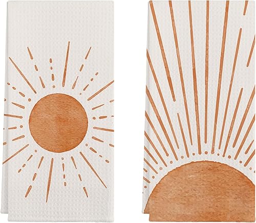 Miniatura 1 de Juego de 2 toallas de cocina modernas de algodón abstracto de 24 x 16 pulgadas, diseño bohemio, amanecer, rayos de sol, sol, rayos de sol, sol y