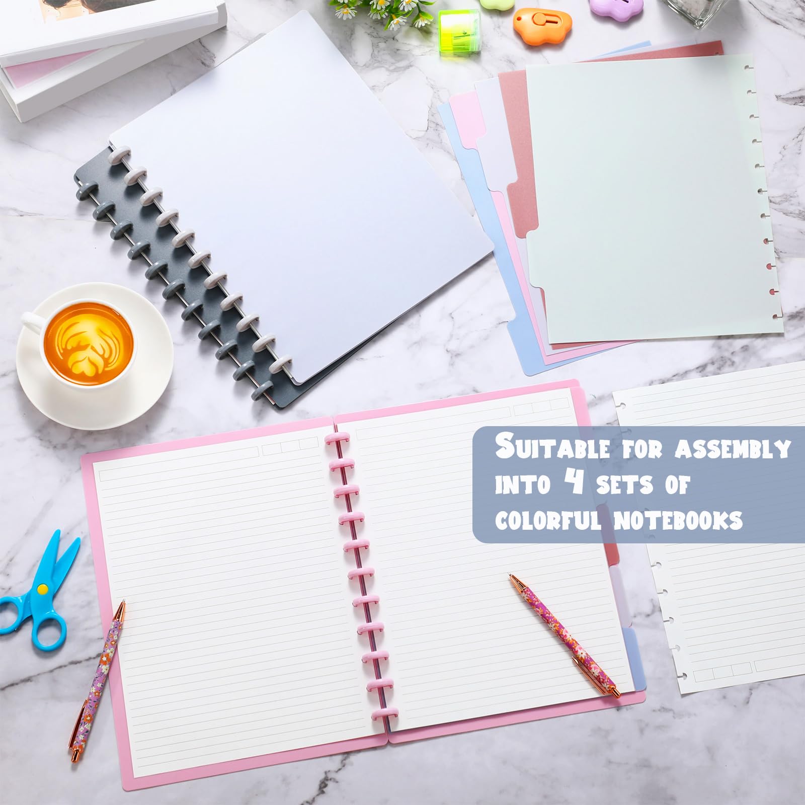 Glenmal 4 juegos de cuadernos encuadernados en disco, 8.5 x 11 pulgadas, tamaño carta, incluye discos, 5 separadores de notas, páginas extraíbles con rayas universitarias, diario rellenable para