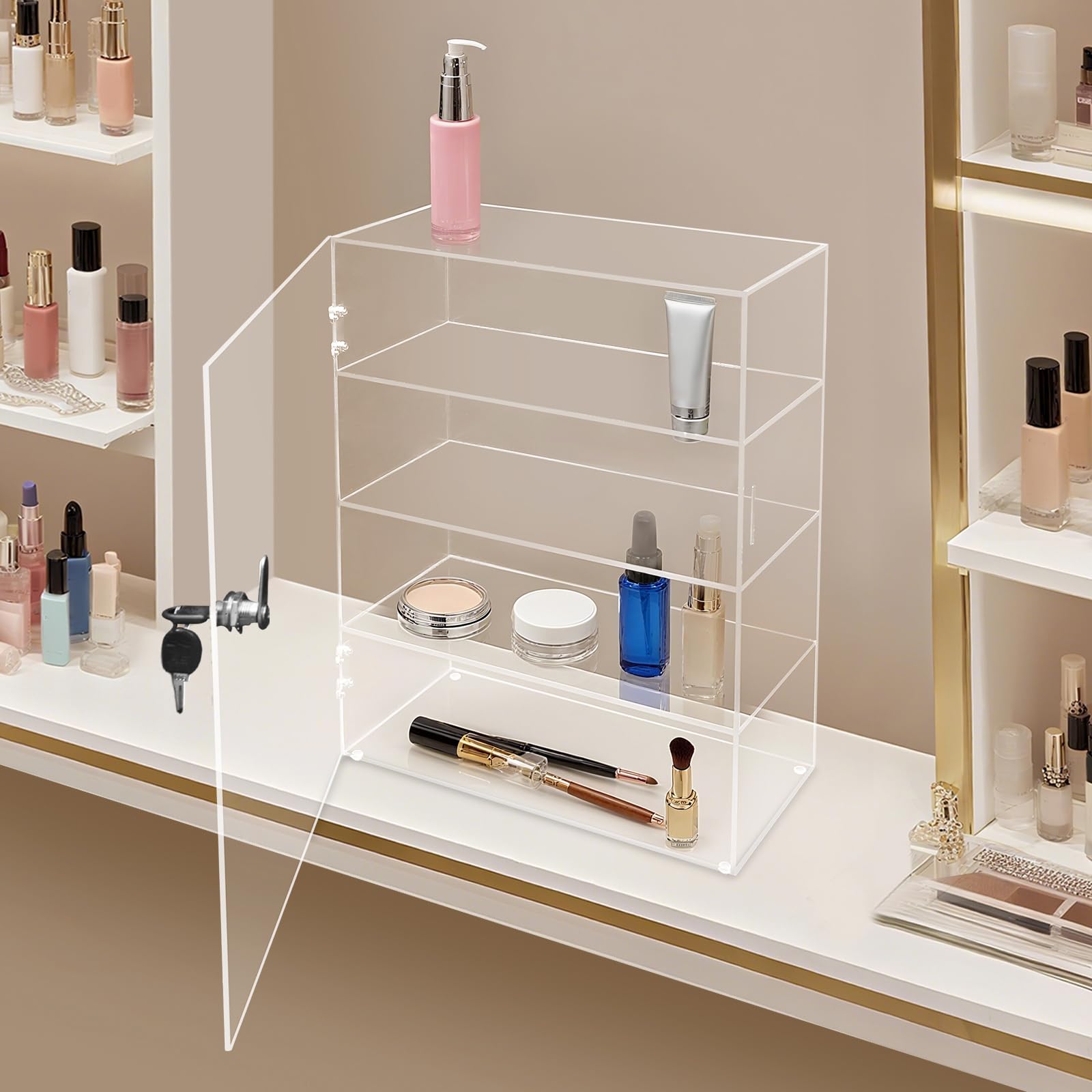 Acryl-Vitrine 30x15x40cm 4 Ebenen bis 12kg mit Schlüssel Transparenter Aufbewahrungsschrank