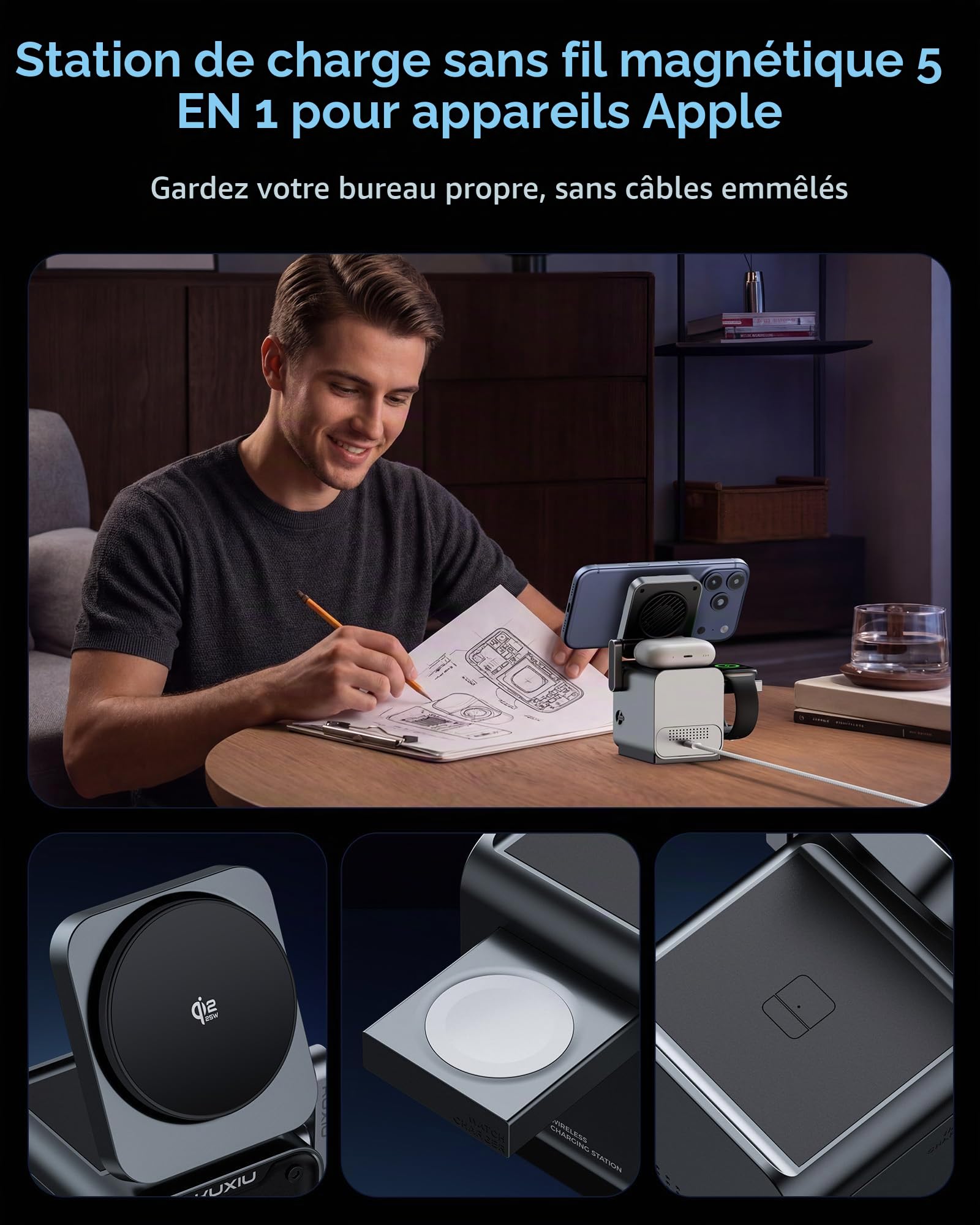 KU XIU 5‑en‑1 Station de Charge 25W, TFT Écran Intelligent et Ventilateur