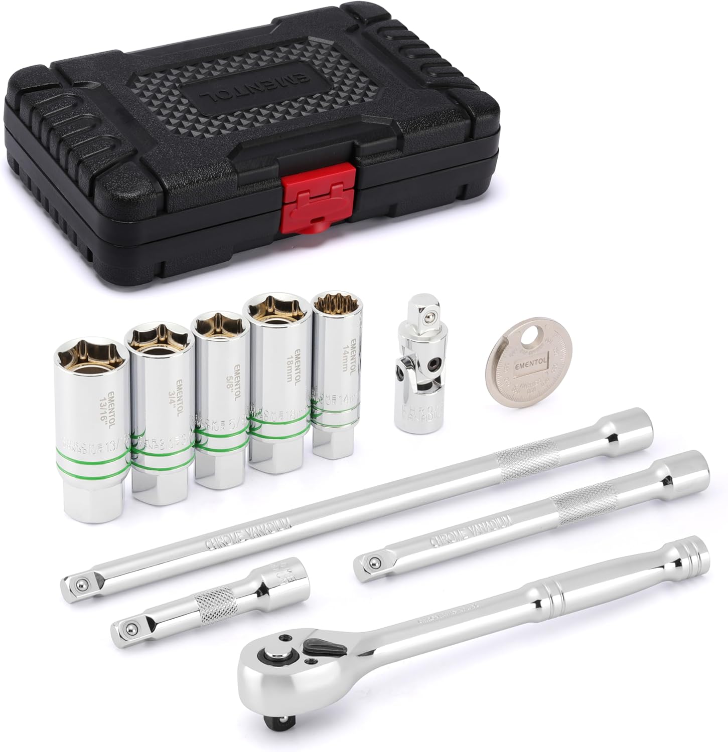 EMENTOL 11-Piece 3/8" Drive Magnetic Spark Plug Socket Set (5/8", 3/4", 13/16", 14mm, 18mm), with Ratchet Wrench & Universal Joint, Extension Bar and Spark Plug Gapper