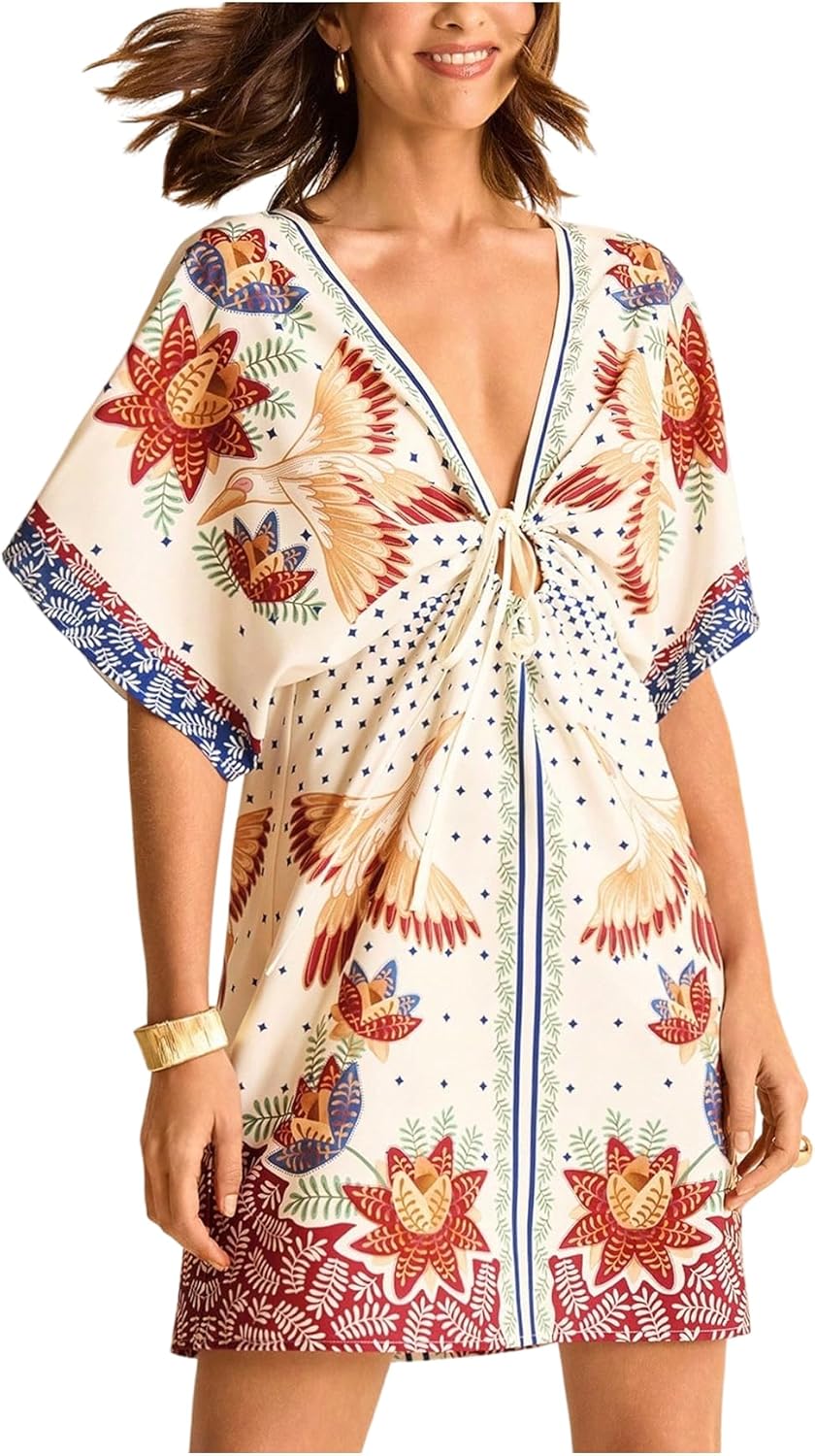 Floerns Women's Tropical V Neck Mini Dress Tie Front Dolman Sleeve Beach Vacation Dresses