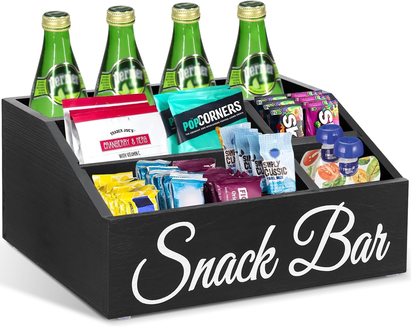 Snack Organizer for Countertop, Wooden Snack Tray and Food Storage Bins, Large 5-Compartment Snack Basket for Pantry, Kitchen Cabinet Pantry Organizer and Storage Bins for Packets