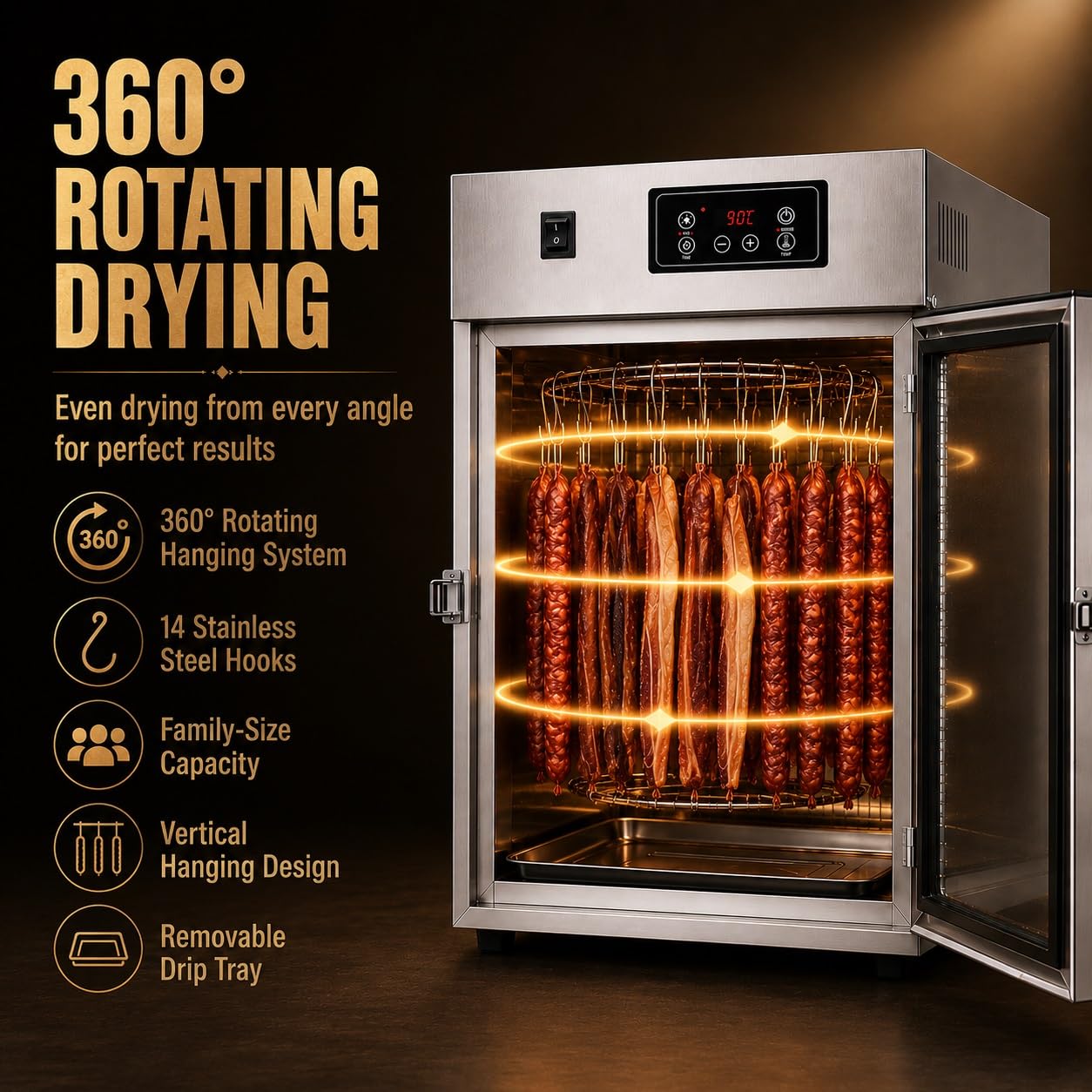 Dry Ager, 360° Drehbarer Fleischtrockner Mit LED-Steuerung Und 14 Haken | 0-90°C-Einstellung, 7,5 kg Fassungsvermögen, Edelstahl, for Pökeln von Wurst, Speck und Hühnchen