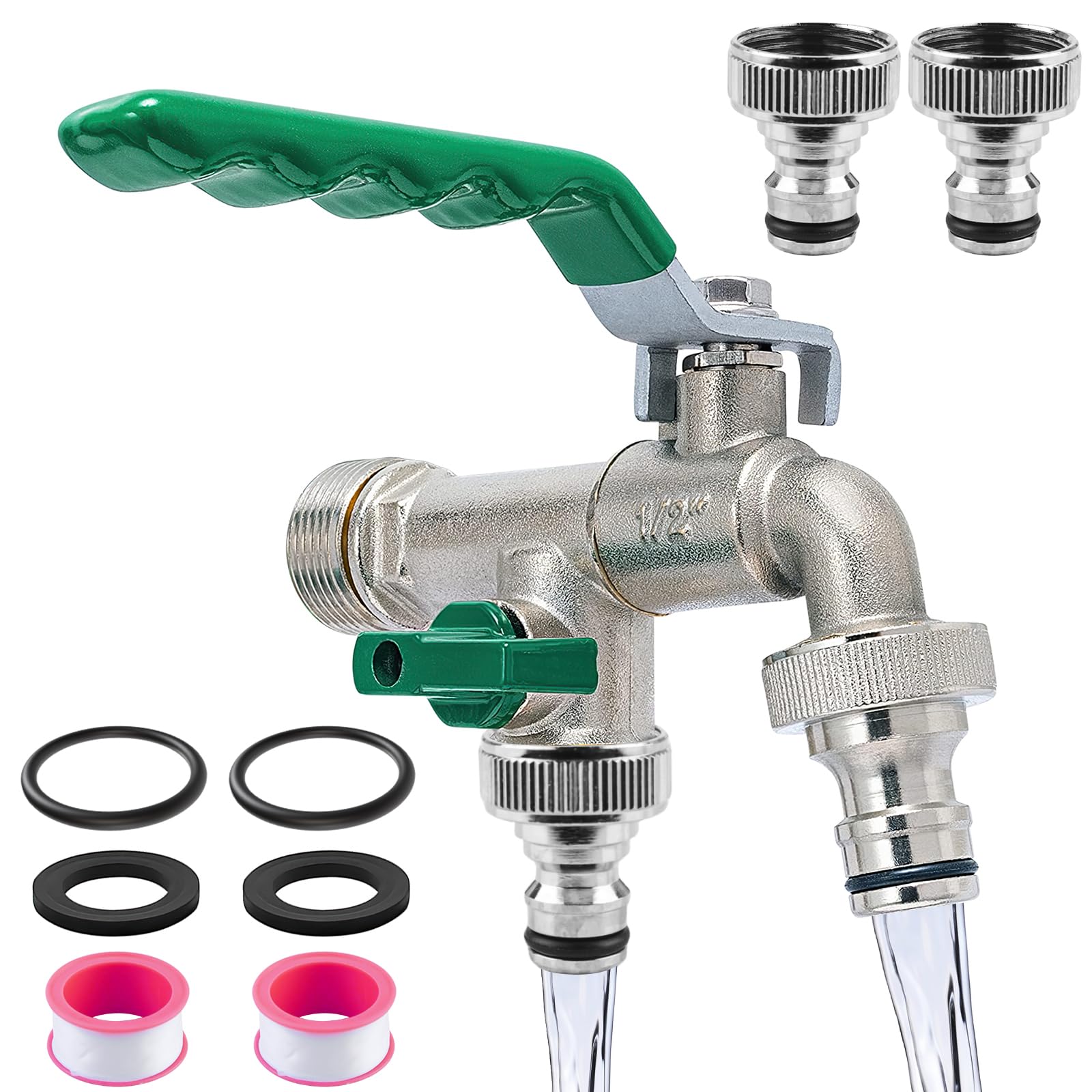 Robinet De Jardin Double Laiton 1/2" - 2 Sorties Indépendantes - Antirouille, Antigel - Avec Raccords Et Joints