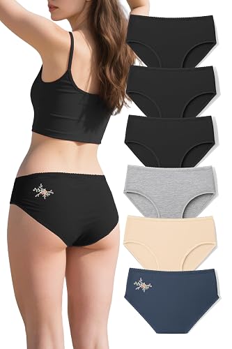 Omichic Women's 6 Pack Underwear Cotton Hipster Panties Low Rise Briefs Soft Strench Breathable Ladies Bikini Underwear - Large - Black+grey+beige