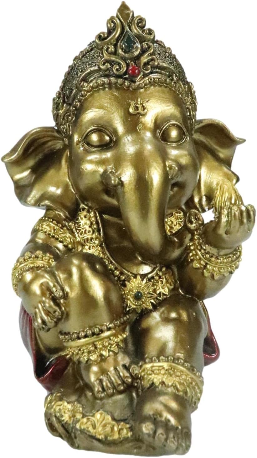 Ebros Gift Hindu Supreme Elephant God Baby Ganesha Seated by Gold Coins with Hands On Cheeks Figurine Patron of Success Arts and Wisdom Hinduism Vastu Altar Decorative Accent
