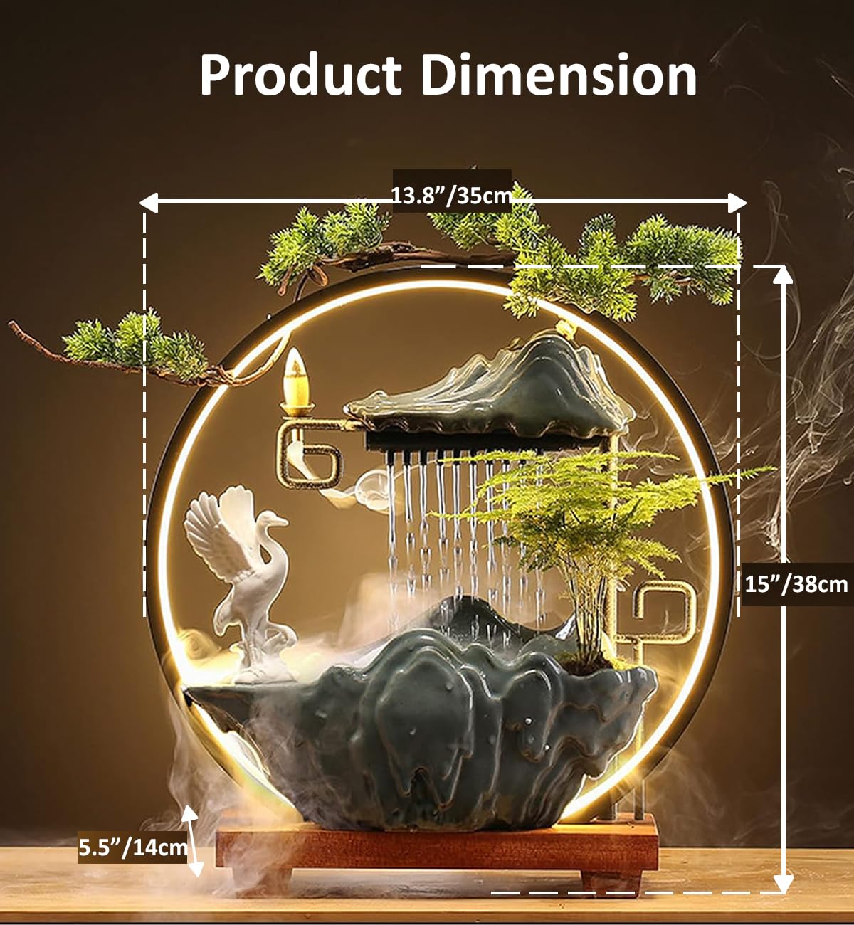 Tabletop Water Fountains Indoor Waterfall Fountain with Mist LED Light Feng Shui Wealth Desk Fountain with Backflow Incense Holder Zen Decor for Meditation (Crane)