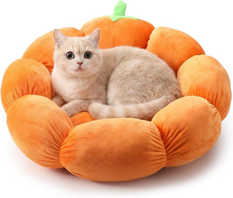 RattanView Cat Bed House Pet Cushion for Indoor Kitten Pet,Pumpkin | Orange Soft Cat Bed with Non Slip Bottom Pet Sleeping Tent Decor