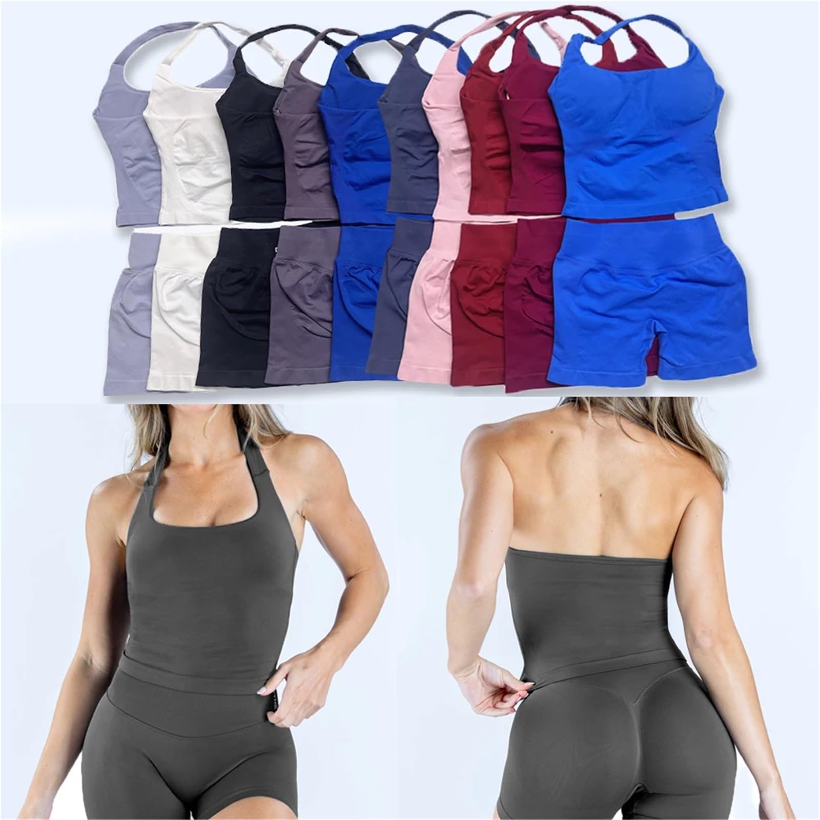 Set da yoga da donna Completo da yoga, due pezzi, set palestra, top sportivo, con scollo all'americana e pantaloncini 4,5 pollici, senza schienale