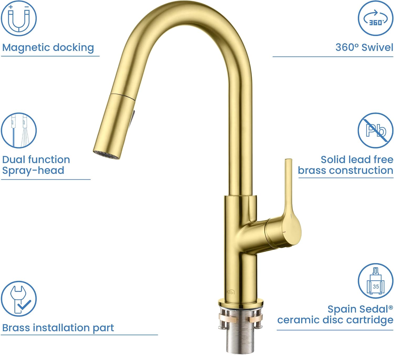 KIBI Fusion Single Handle Pull Down Kitchen Faucet | Solid Brass High Arc Spout with 360 Degree Swivel | Pull Down Sprayer for Kitchen and Bar Sinks, Easy Installation | Brushed Gold, KKF2017