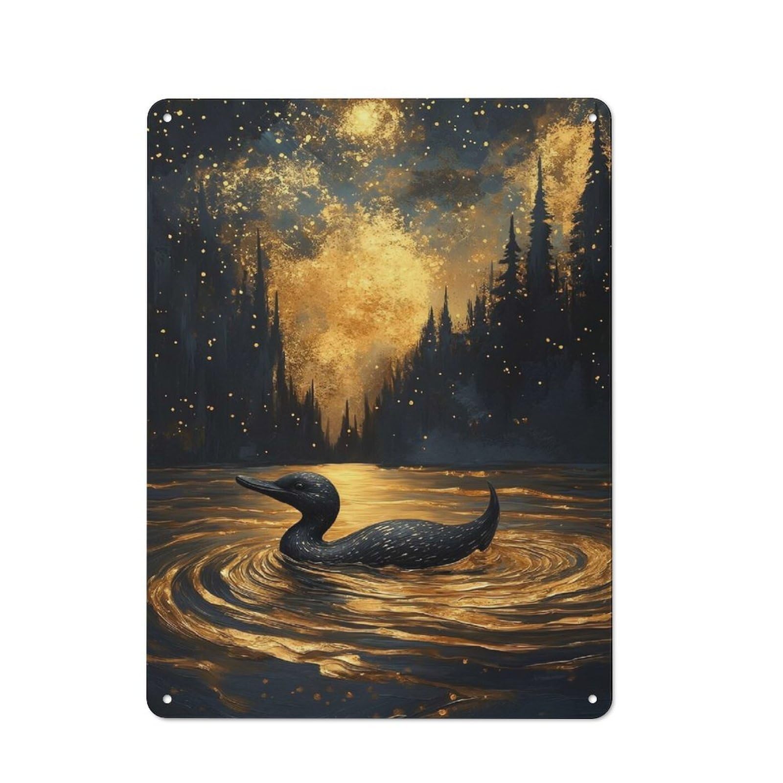 Junmoney Style-6 Loon In Golden Lake At Night Rustic Metal Sign 40X30cm, Barn Style Farmhouse Wall Decor For Kitchen, Cottage, Porch Or Garden Room