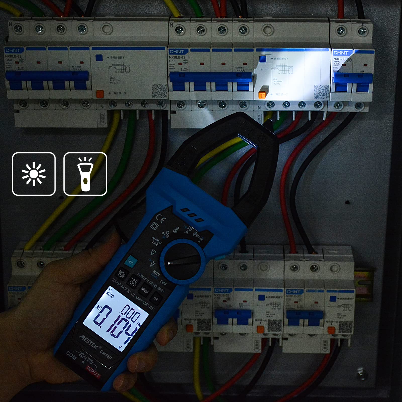 Pinza Amperimétrica 1000A CA/CC Amperímetro MESTEK InRush Clamp Meter T-RMS Medir Corriente Tensión Temperatura Resistencia Condensadores Frecuencia con Modo VFD, LOZ 6.000 Conteos
