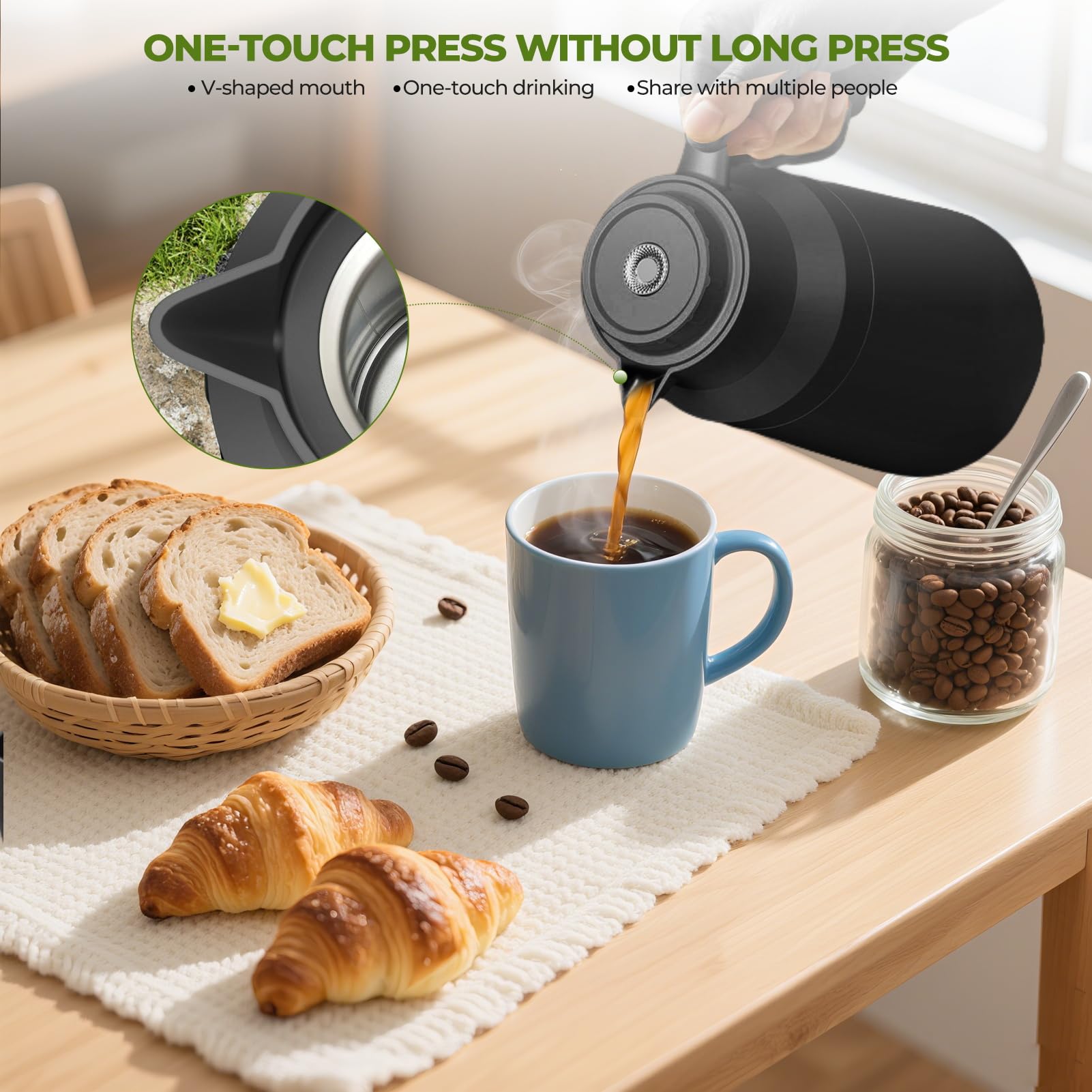 Thermoskanne Kaffeekanne Doppelwandige Edelstahl Vakuum Isolations, Heißer Und Kalter Tee/Kaffee, Isolierkanne Mit Einfachem Sicherheitsdruckknopf, Rutschfestem Boden (Schwarz,2L)