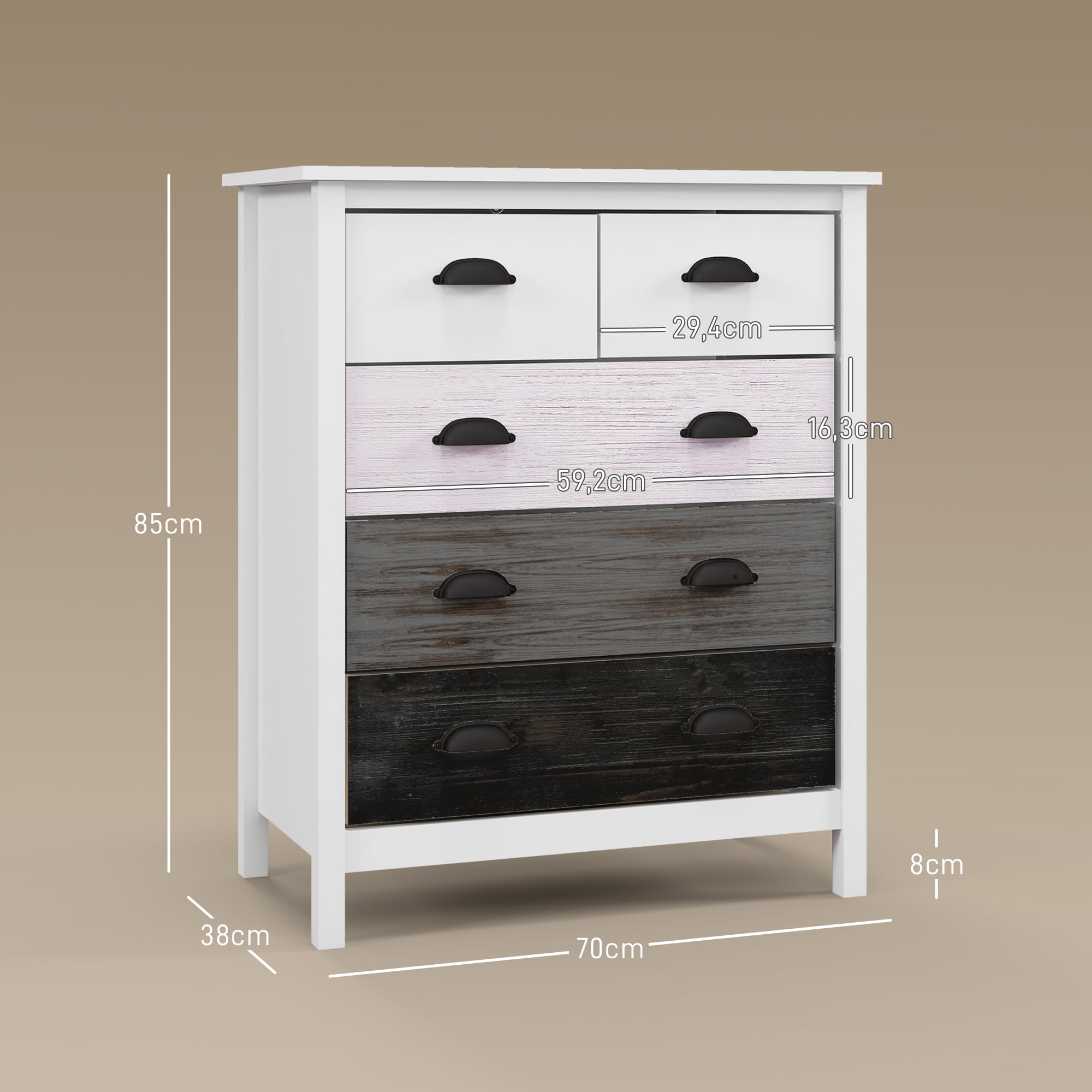 Commode 5 Tiroirs HOMCOM 70x38x85cm - Rangement Chambre Salon | Blanc Anti-Basculement MDF
