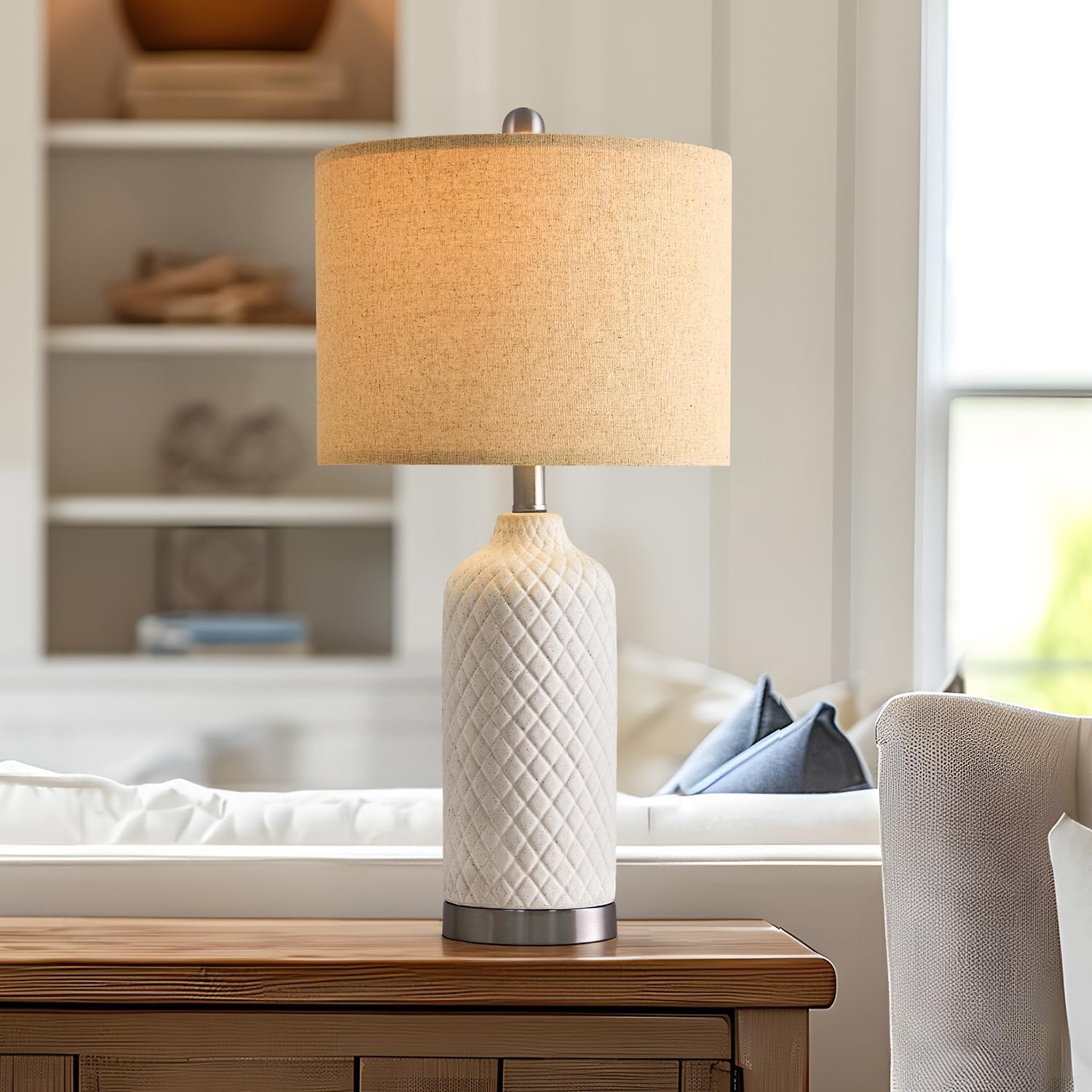 24.25" Single Table Lamp for Bedroom Modern Ceramic Nightstand Lamp White Bedside Lamp Boho Living Room Lamp Farmhouse Bedroom Lamp Side Table Lamp End