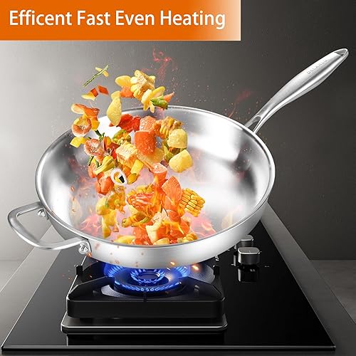 Miniatura 5 de DELARLO Sartén de acero inoxidable de tres capas de 12 pulgadas con tapa, apta para horno de inducción grande, ollas y sartenes, apto para todas las