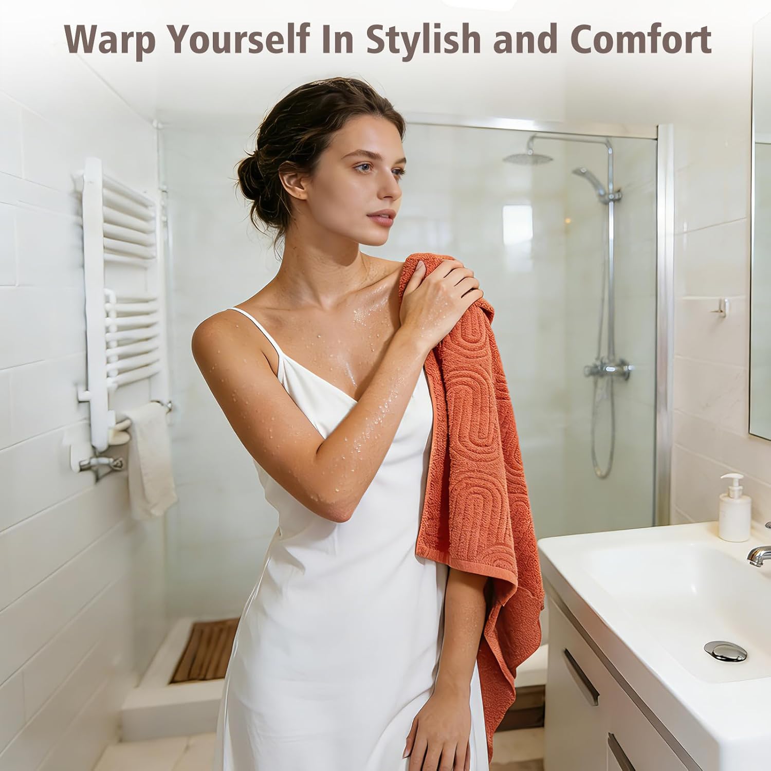 HEAVYWOOD Bath Towels Wave Pattern Jacquard 2pc 100% Cotton Reversible, Soft & Absorbent Decorative Bath Towel for Bathroom Clearance (Orange, 2Packs)