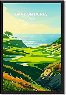 Bandon Dunes Oregon Poster Canvas Print Art Print, Modern Landscape Wall Art Painting, Stunning Golf Course Pictures Wall Decor for Living Room, Office, Apartment Decoration (Black Framed,8L X12W)