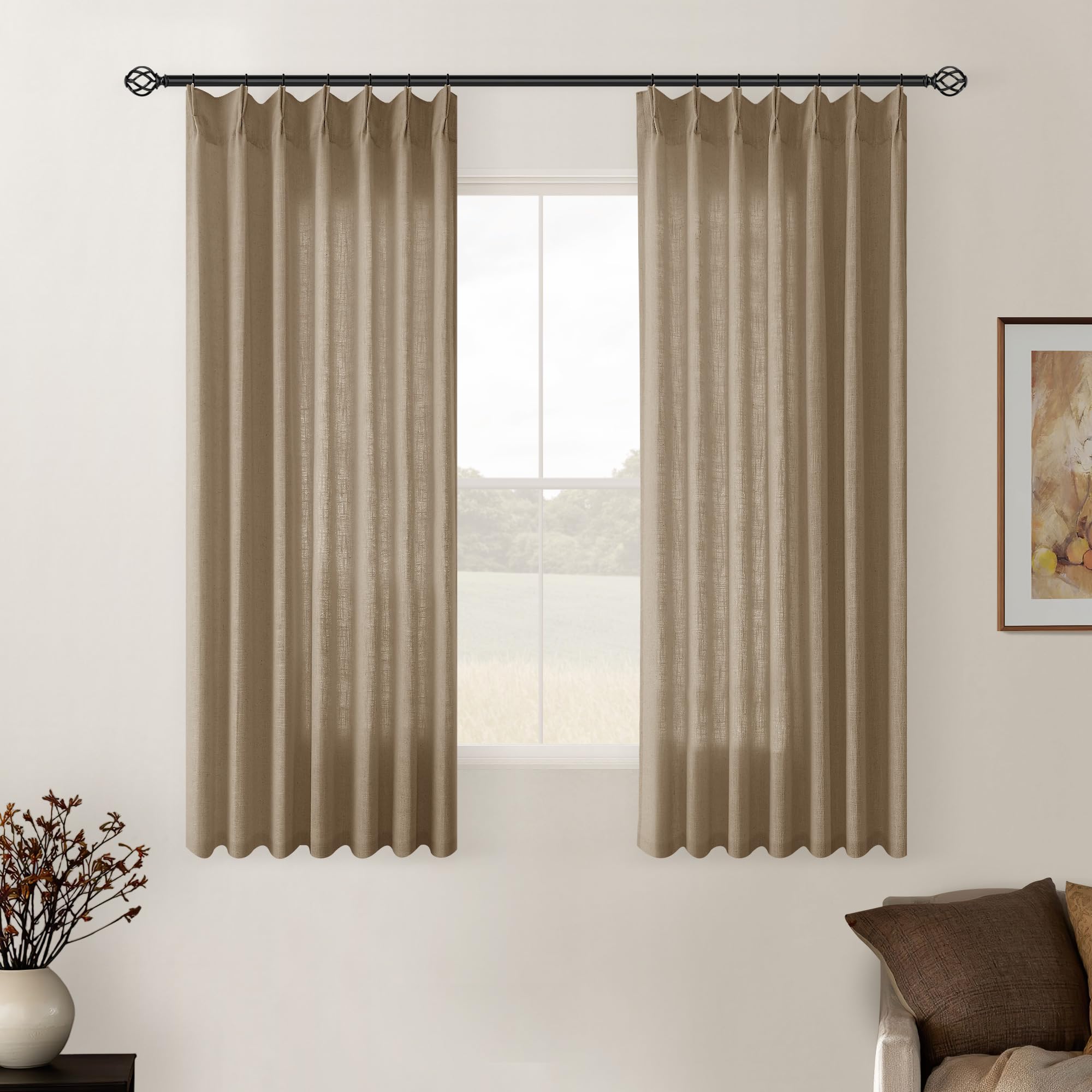 Latte Pinch Pleated Linen Semi Sheer Short Curtains 45 Inch Length 2 Panels