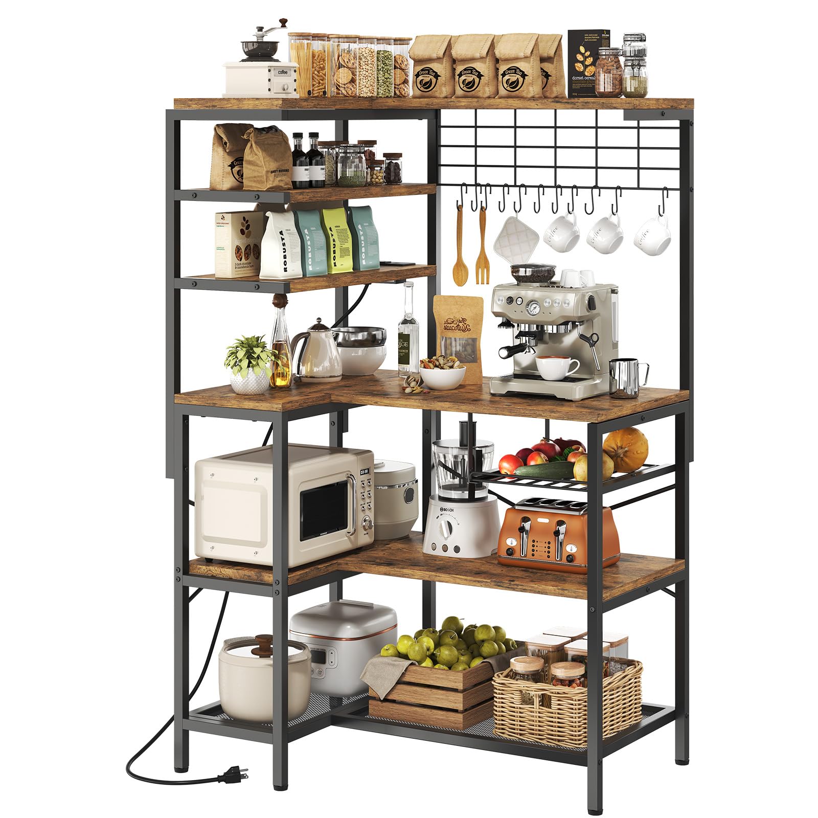 iabifo L-Shaped Bakers Rack with Power Outlet, 6-Tier Microwave Stand with Open Storage, Coffee Bar with Hooks, Mesh Grid, Kitchen Shelf with Wire