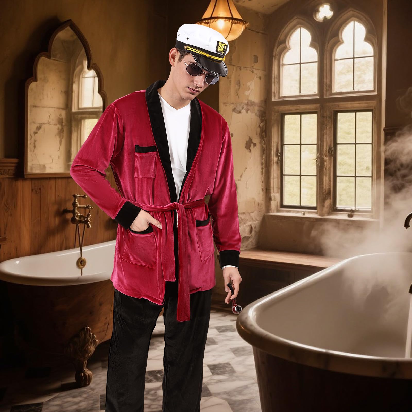 nezafly Red Robe Jacket Mens Red Silky Velvet Bathrobe with Captain Hat Glasses Accessories Adult Halloween Cosplay Costume - Image 4
