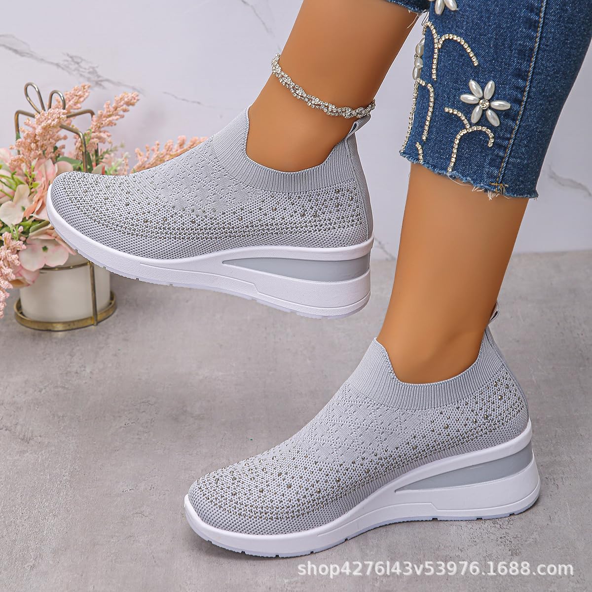 Zapatillas de cuña con diamantes de imitación para mujer