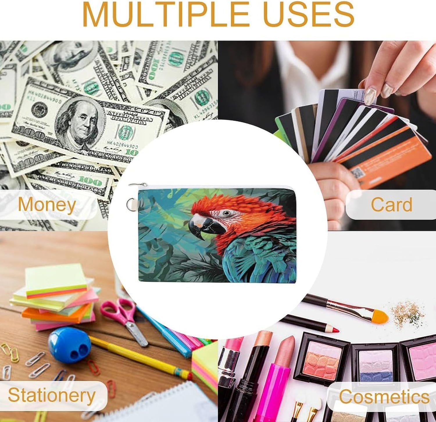 Colorful Parrot Coin Purse Pouch for Men Women Travel Portable Check Wallet Zipper Bank Bag Canvas Coin Wallet Money Bag 7.4 in X 4.6 in Money Pouch Lightweight Change Holder