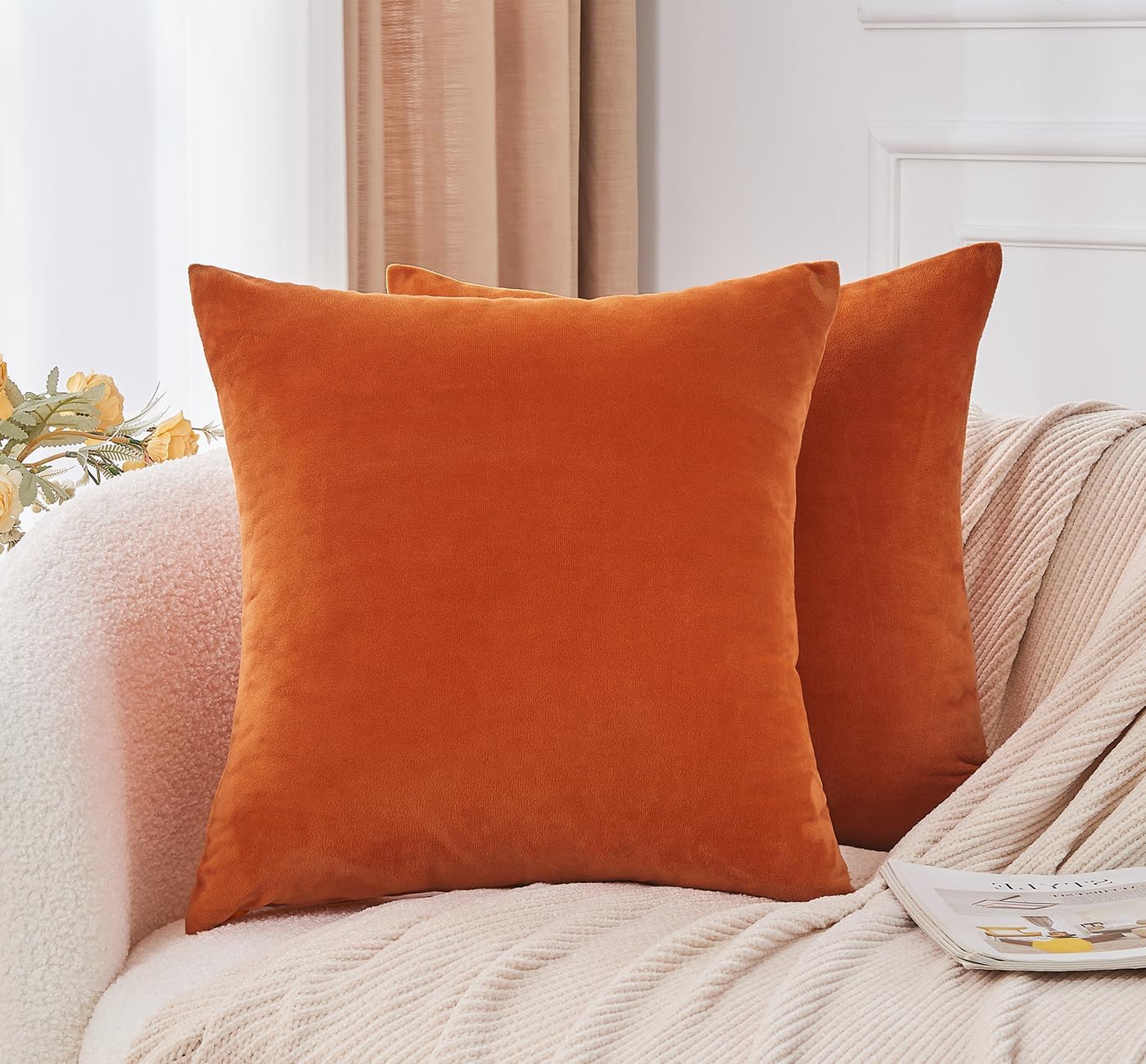 Throw Pillow Covers Burnt Orange Set of 2 18x18 Inch Fall Pillow Covers, Soft Velvet Farmhouse Neutral Decorative Pillowcases for Couch Sofa Bed, Home Boho Decor, Modern Cushion Covers - Image 2