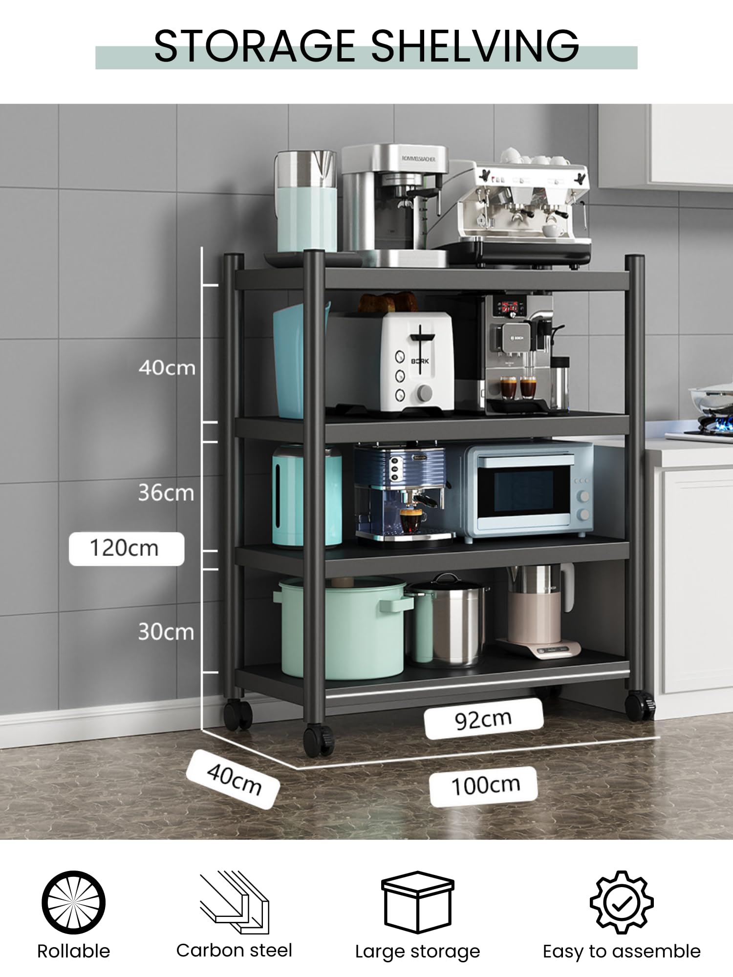 Estantería para Almacenaje,Estante con Ruedas, Estantería de Pie,Repisa Metálica Multiusos, Mueble para Cocina, Baño, Habitación, Garaje, Salón con 4 Baldas de Almacenamiento.