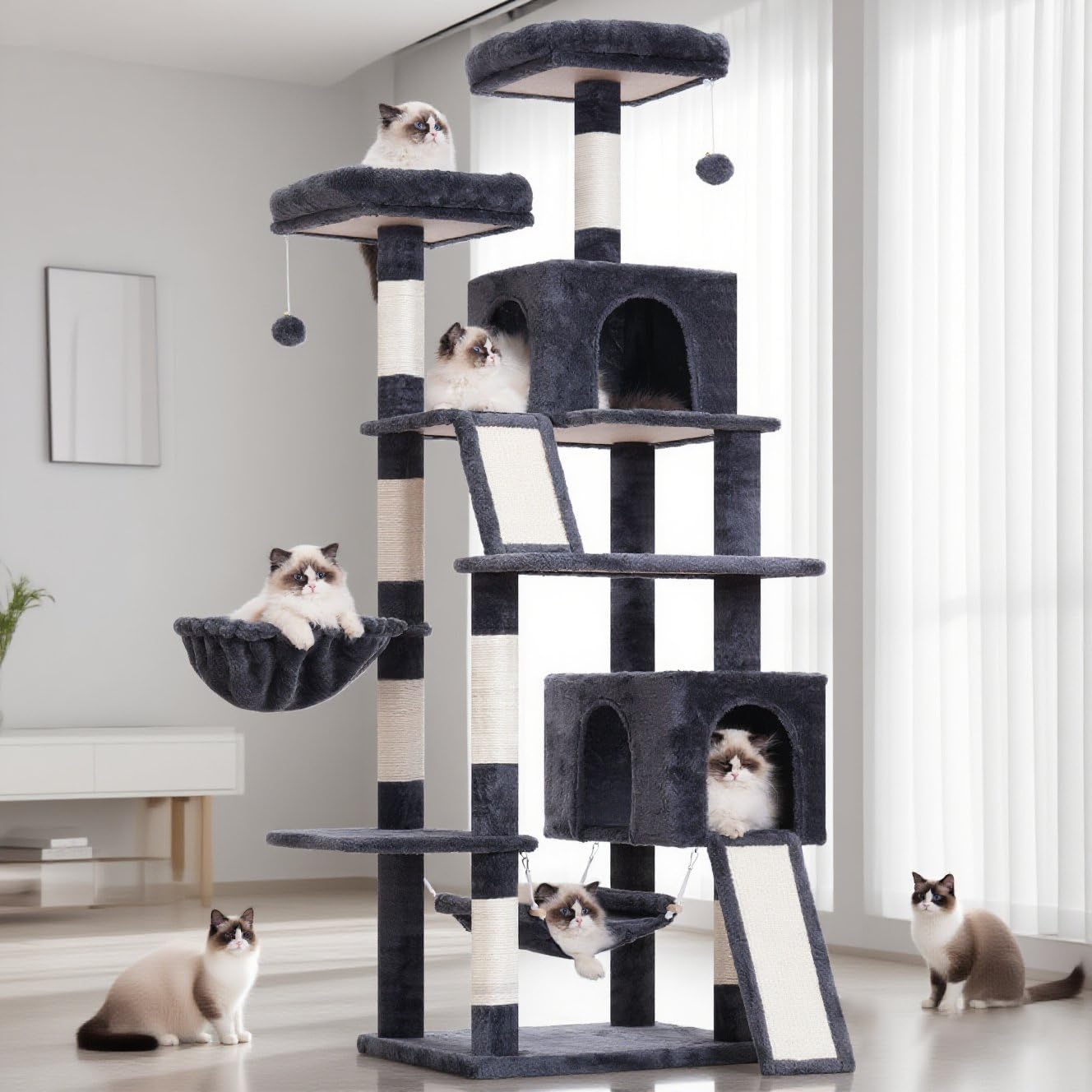 Gitelsnour Cat tree for Indoor Cats, 180cm Multi-level Cat tower for Large Adult, Sturdy Cat Tree House with 2 Scratching Boards 7 Posts, 2 Plush Perches/Condos, Hammock, Smoky gray GCT032G