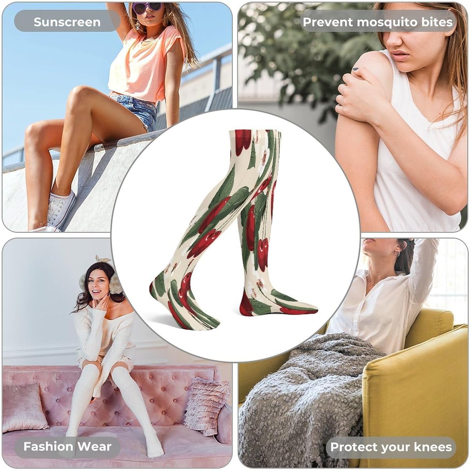 Red Cherry Pattern Women High Waist Fishnet Stockings Stretch Mesh Pantyhose Sexy Trendy Legwear for Daily Wear