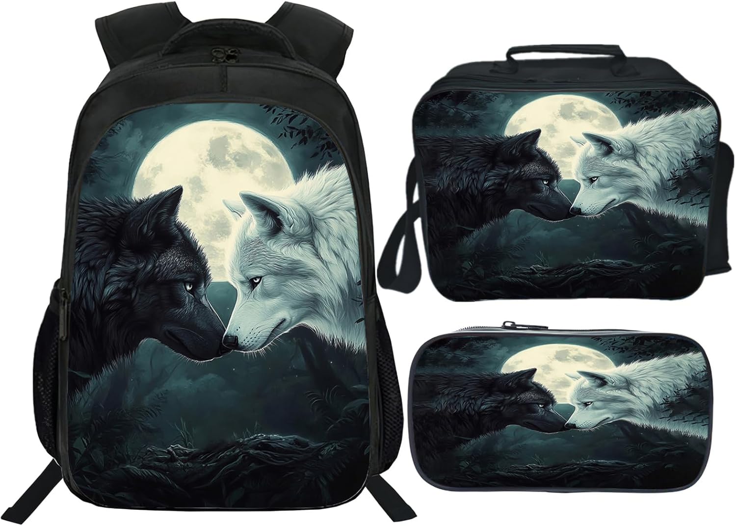 Snapjet Wolf Backpack 3PCS 16" Preschool Elementary Schoolbag with Lunch Box Pencil Case Bookbag Set for Girls Boys Kids Children Teens School Students