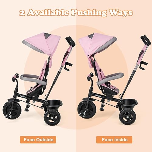 Miniatura 5 de BABY JOY Triciclo, bicicleta 4 en 1 para niños pequeños con toldo extraíble, asa de empuje ajustable, asiento reversible, cinturón de seguridad,